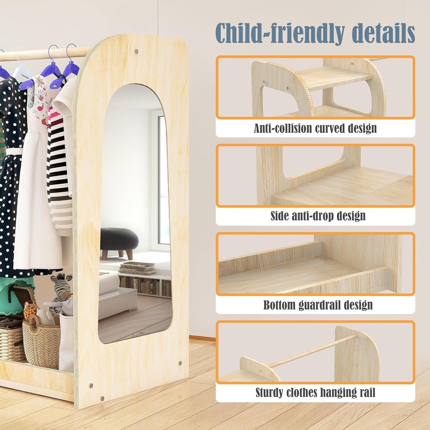 Qifeila Kids Dress Up Storage with Mirror, Wooden Kids Dress Up Rack for Little Girls and Boys, Kid Wardrobe Closet with Storage Shelf