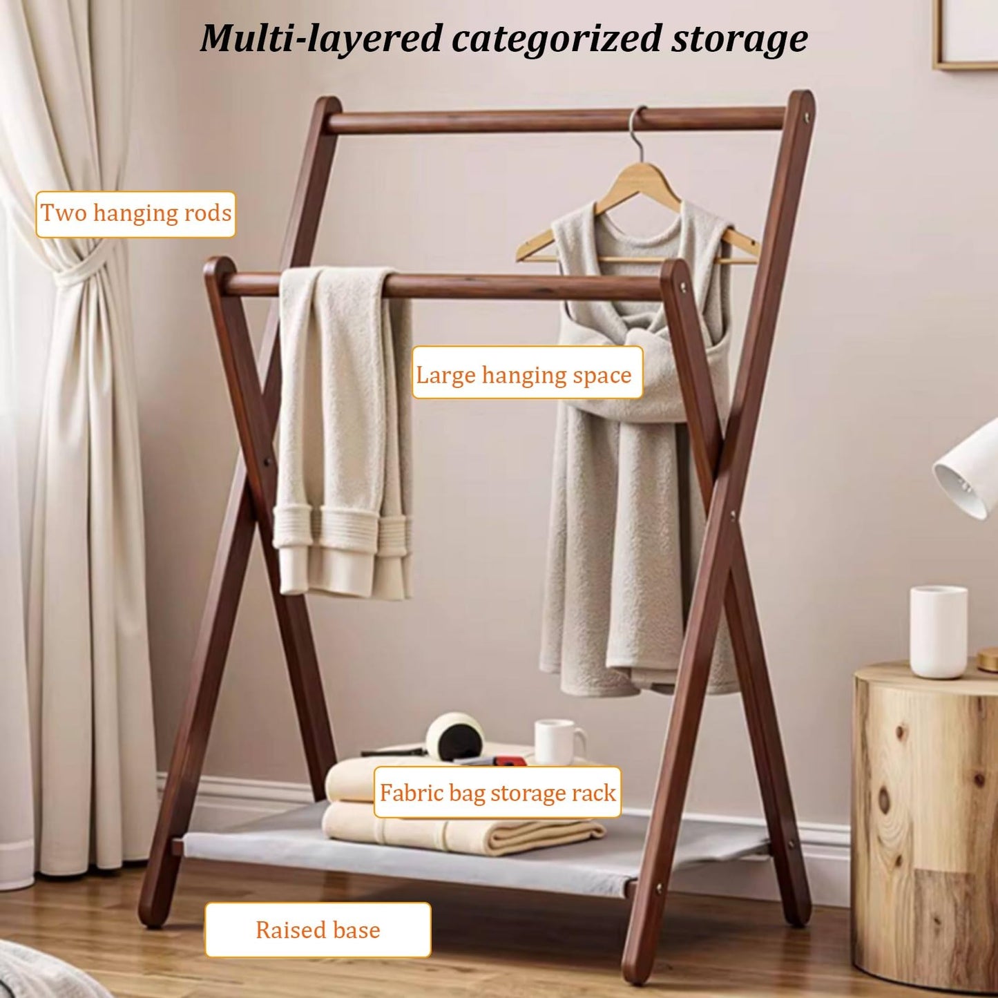 Labasuan 2-Tier Wooden Towel Rack, Foldable Blanket Ladder with Fabric Shelves, Portable Garment Coat Rack for Entryway,Bedroom, Living Room, Bathroom(Natural,40cm/15.7in)