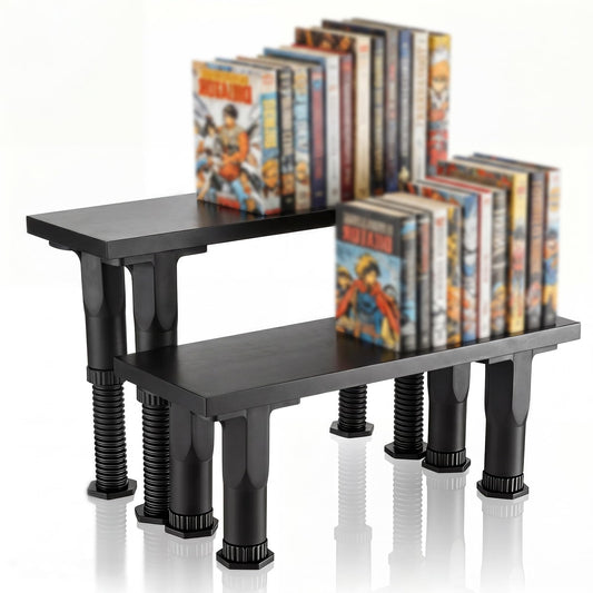 AceOrbit 14.57 x 5.12 x 5.31-8.66 in Adjustable Height, 2 Pack Bookshelf Risers, Wooden Book Shelf Riser for Manga, Comics, Books, Figures, Collectibles, DVDs and CDs, Black