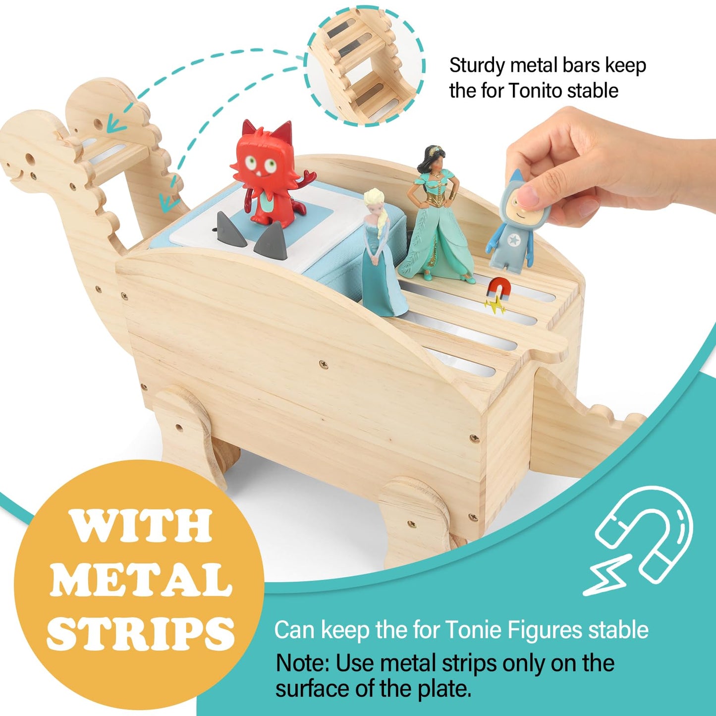 RZYLKA Dinosaur for Toniebox Organizer Shelf Storage – Magnetic Wooden for Tonies Shelf & Tonies Figures Display Rack, Slideable Dinosaur Car Design Compatible with Toniebox 1/2