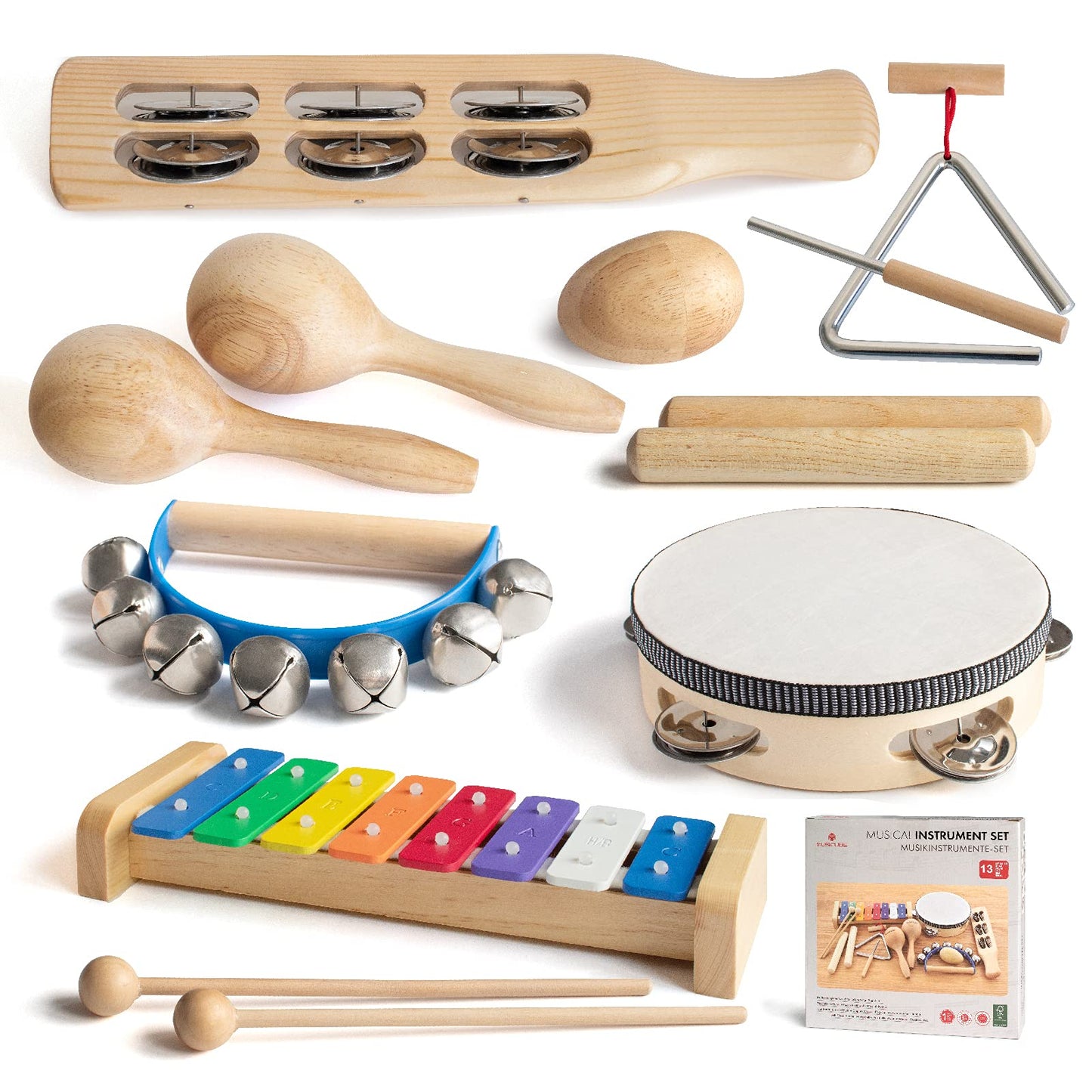 MUSICUBE Musical Instrument Set for Toddler Baby Kid Wooden Percussion Instrument Musical Toys Xylophone Maracas Egg Shaker Tambourine Triangle Instrument for Boys Girls