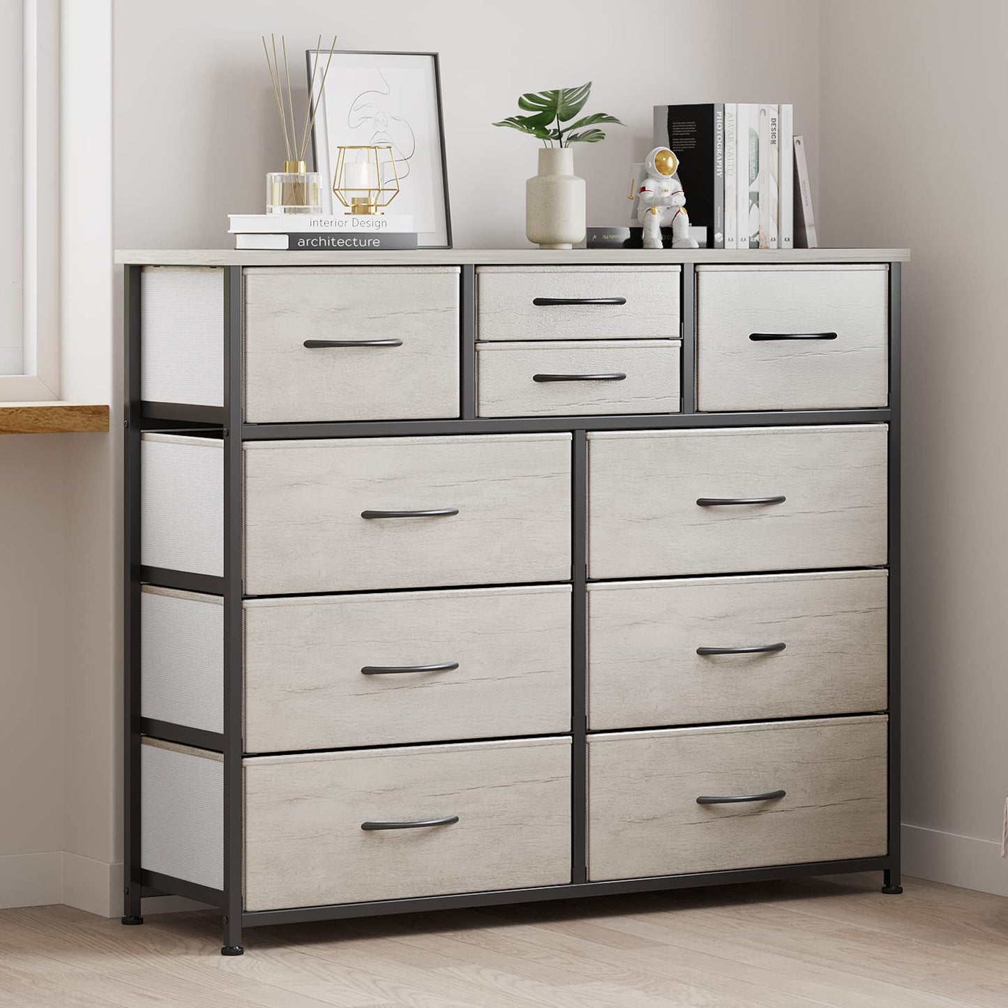 LUMTOK 10-Drawer Dresser, Fabric Storage Tower with Drawers for Bedroom, Dresser Drawer with Handle for Bedroom, Living Room, Hallway, Closets & Nurseryteel Frame, Wood Top (10 Drawer/Greige)