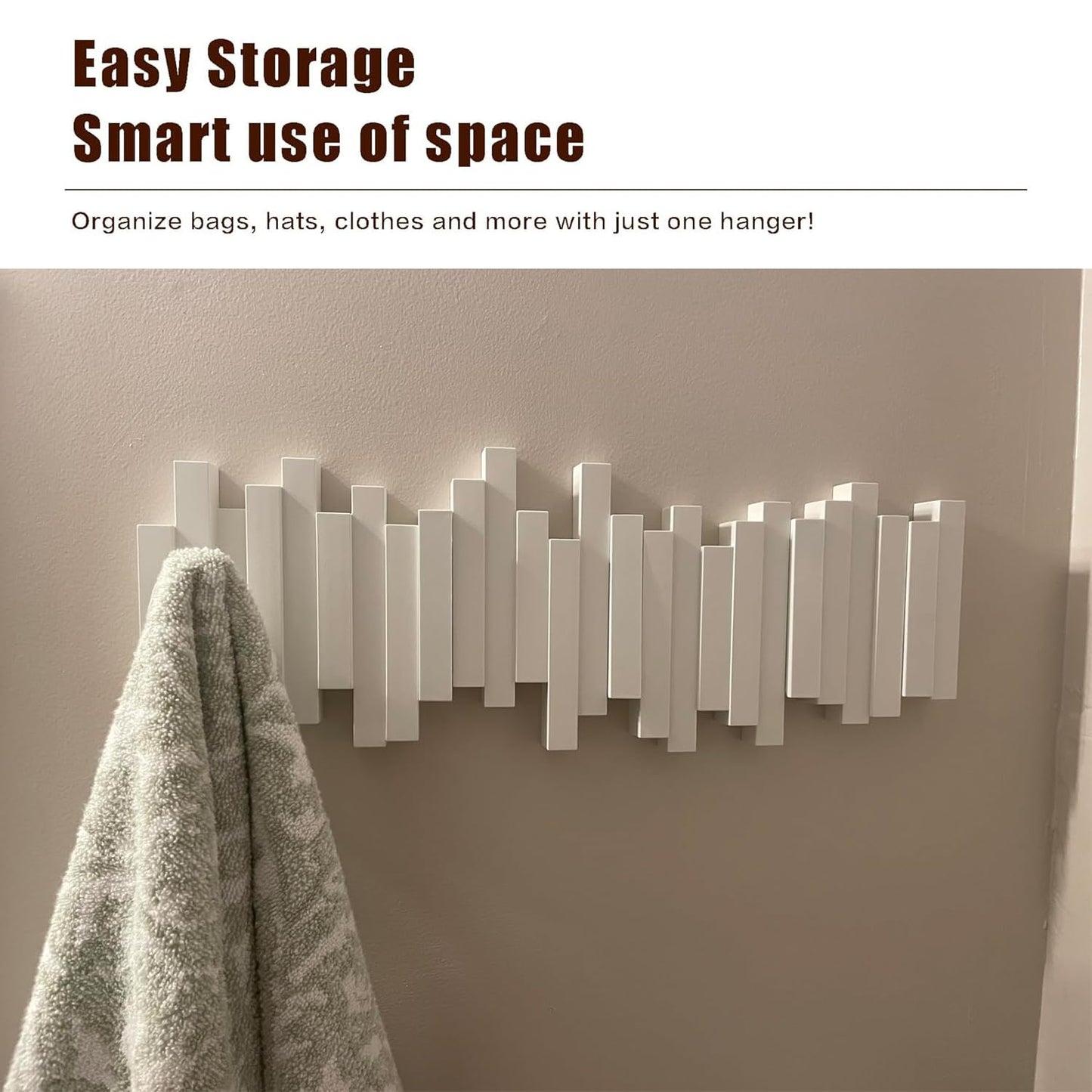 CAQ Wood Piano Key Coat Rack Wall Mount, Modern Coat Rack with 3 Magnetic Flip Hooks, 110 lbs Load Bearing, Space Saving Home Storage Decor, White