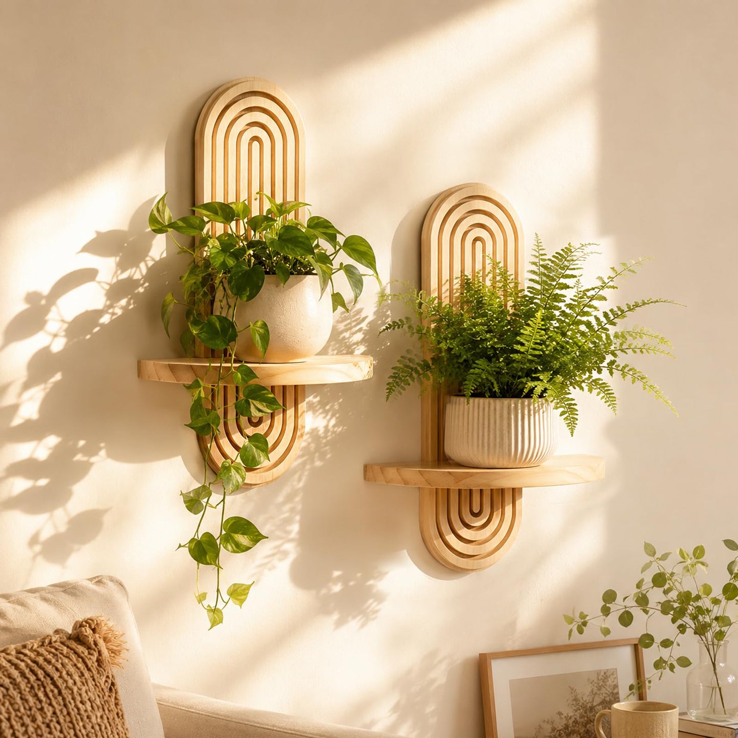 Joyzan Boho Wall Decor Floating Shelves for Wall, Rainbow Arch Wooden Plant Shelf Set Decorative Hanging Modern Small Home Display Living Room Bedroom Bathroom Nursery Plants Candles Holder Planter