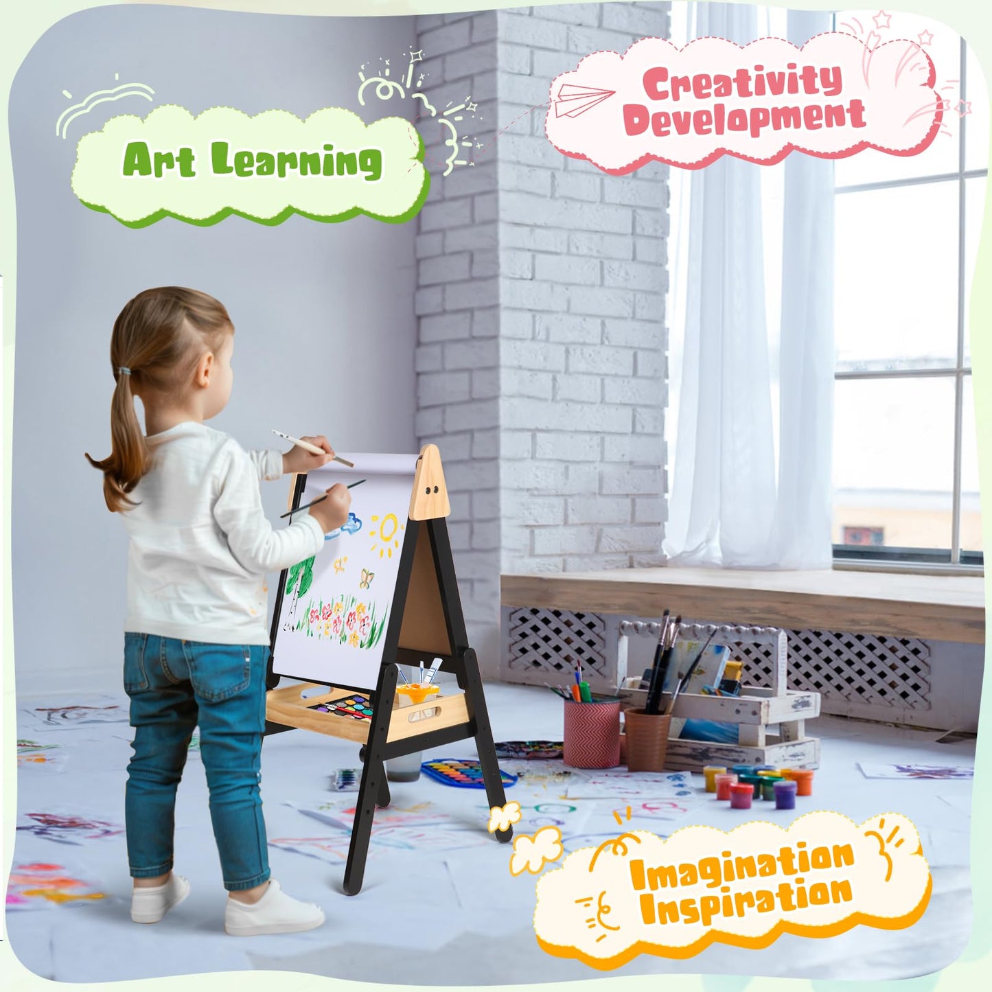3 in 1 Easel for Little Kids with Wood Tray, Double Sided Wooden Easel with Paper Roll, Magnetic Whiteboard & Dry Erase Black Chalkboard, Height Adjustable Painting Standing for Toddlers Childrens 2-5