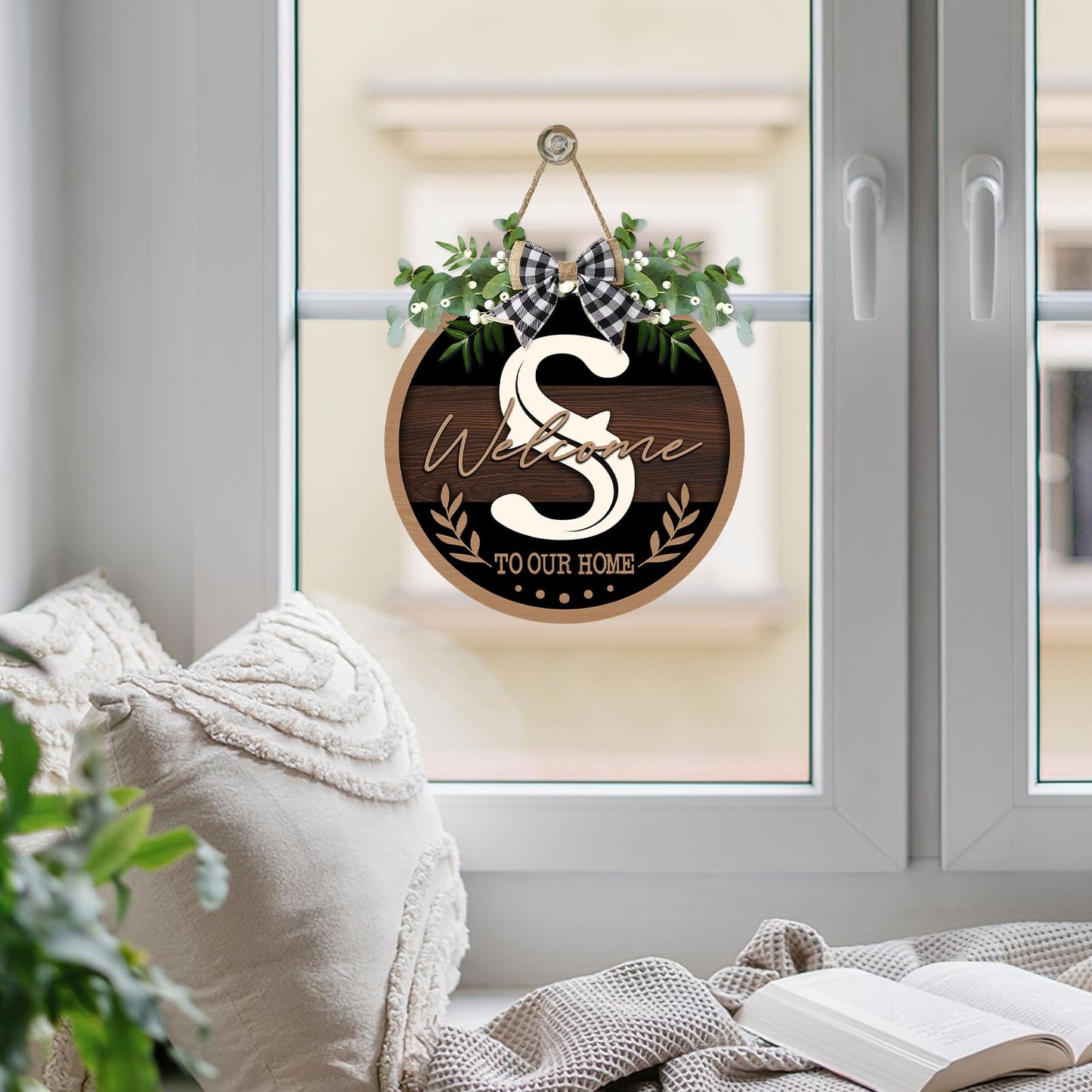 Bolisom Monogram Letter S Front Door Sign, Welcome to Our Home Family Last Name Initial Wooden Hanger Decor Housewarming Wedding Gifts, Farmhouse Rustic Wreath Indoor Wall Hanging Decoration with Bow