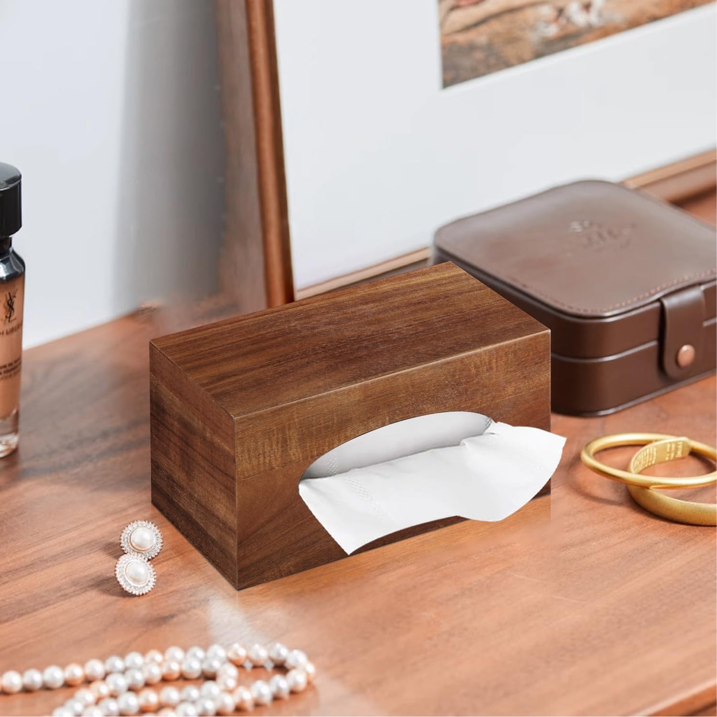 BIBELUN Tissue Box Cover, Acacia Wood Tissue Box Cover Rectangle with Slide-Out Bottom, Wooden Decorative Cube Facial Tissue Holder/Organizer/Dispenser for Bathroom, Office Desk & Bedroom Decor
