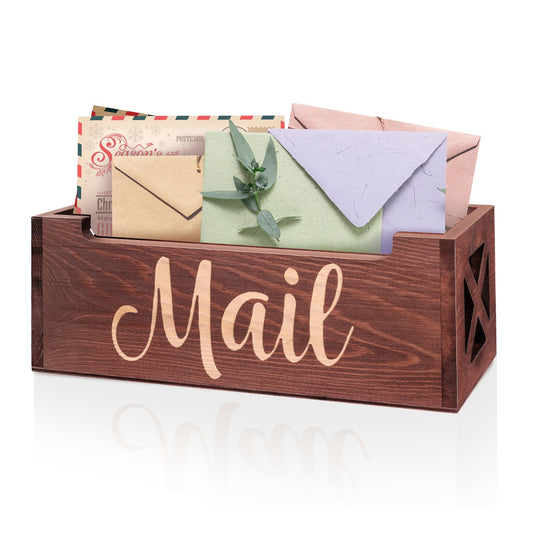 Wooden Mail Organizer Mail Holder Countertop, Farmhouse Brown Mail Tray Mail Storage Box for Wall, Rustic Mail Basket Letter Holder for Office Desk