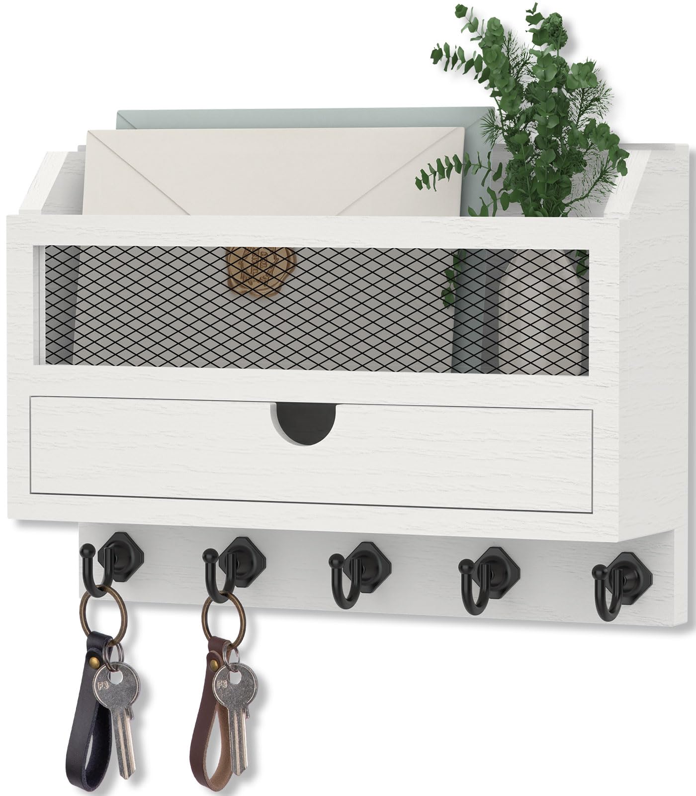 Nekon Key and Mail Holder for Wall, Key Organizer with 5 Hooks & Storage Drawer, 11" W x 7.9" H x 3.1" D Wooden Key Rack for Entryway and Home Decor (White)