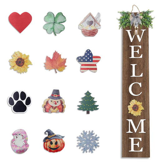 flowtorely Interchangeable Outdoor Welcome Sign for Front Porch Standing 47"×8" Set of 3 Large Wood Frame with 12 Pcs Icons Vertical Tall Leaner Outside Welcome Sign for Front Door Decor (Wood)