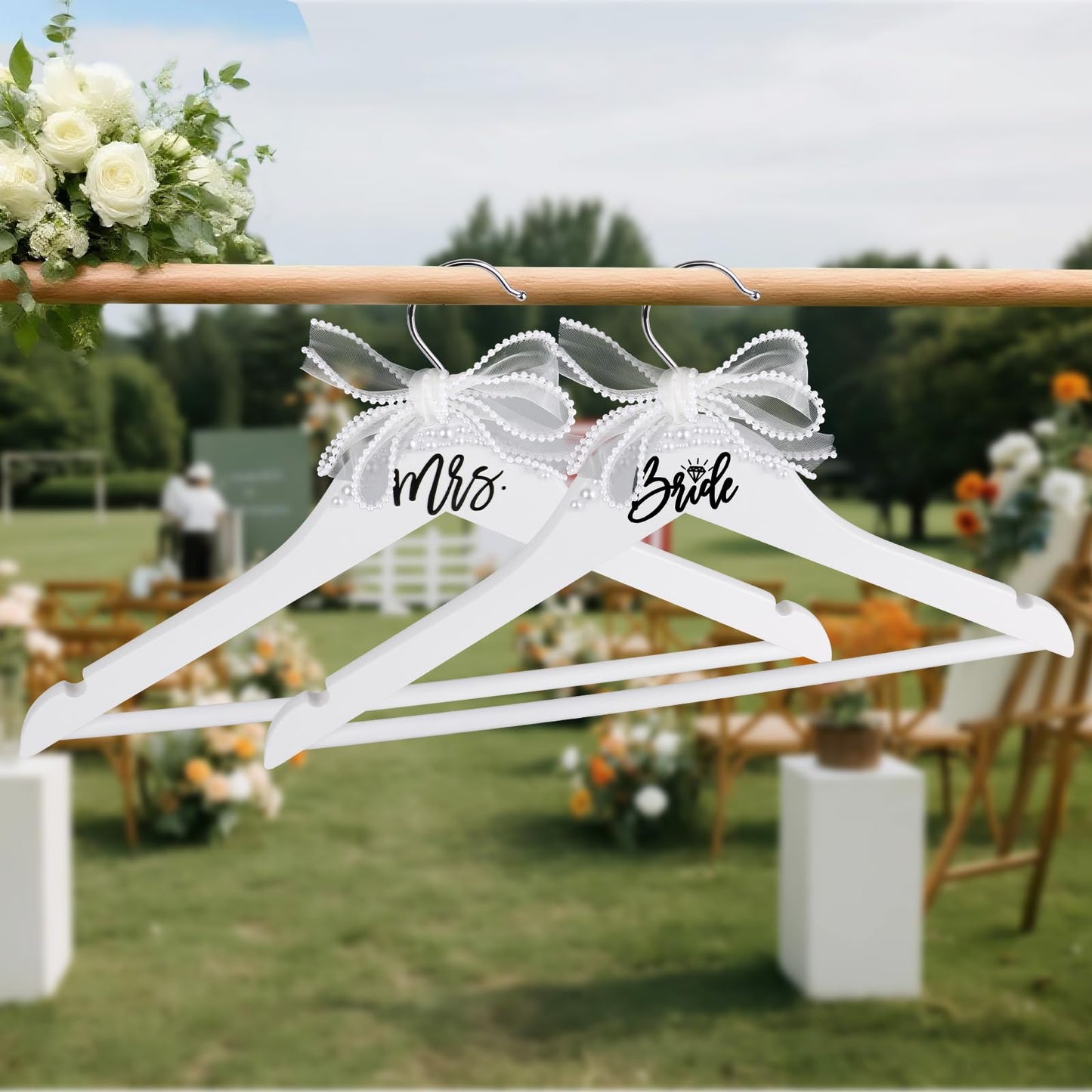 NINTHFIT Bride Hanger for Wedding Dress Wooden Pearl Hangers with Pearl Ribbon Bow Elegant Bridal Mrs Wedding Dress Hanger, 2PCS Personalized Wedding Hangers (White)