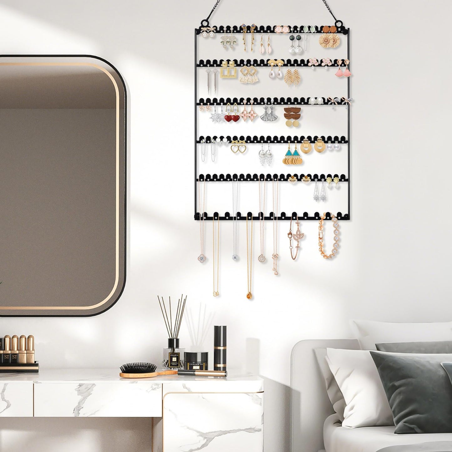 milylove 6 Tier Earring Holder Wall Mounted Hanging Earring Organizer, Earring Display Storage with 123 Holes and 129 Grooves Jewelry Organizer Tree for Stud/Hoop/Dangle Earrings Necklace（Black）