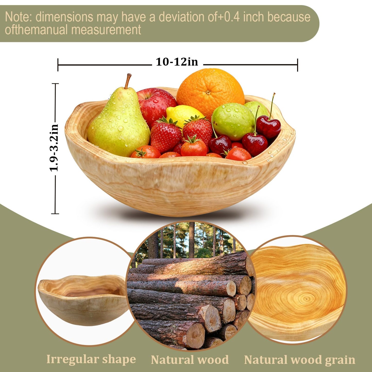 Fakindiy Handmade Wooden Decorative Fruit Bowl 8-10in - Irregular Wood Bowl for Kitchen Counter,Wooden Serving Bowl for Salads Snacks Keys and Home Decor (8-10in/20-24cm)