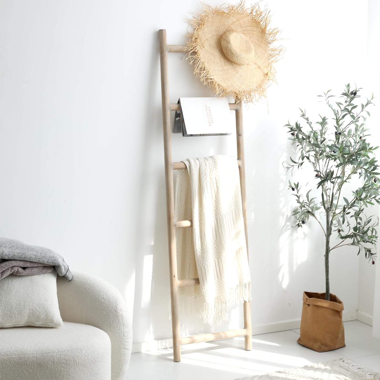 SwallowLiving Fully Assembled 6ft Farmhouse Wood Blanket Ladder Living Room Decorative Wall Leaning Quilt Display Holder Rustic Wooden Towel Rack for Bathroom, Natural & Graywashed