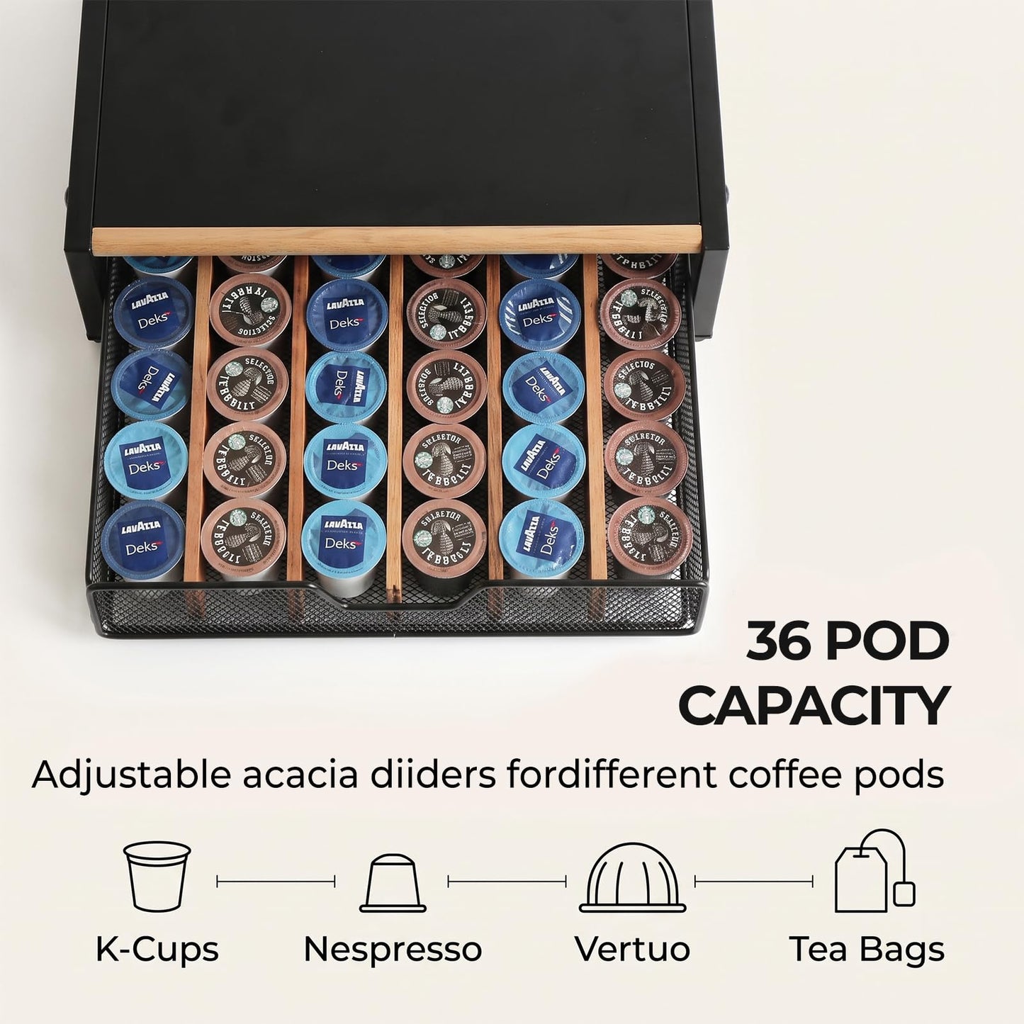 WILDMOS Coffee Pod Drawer,Coffee Station Organizer for Coffee Pod Storage,Movable Solid Wood Partition Board, Counter Coffee Bar Accessories for Nespresso Pods,Cream, Spoon, Sugar（Black)