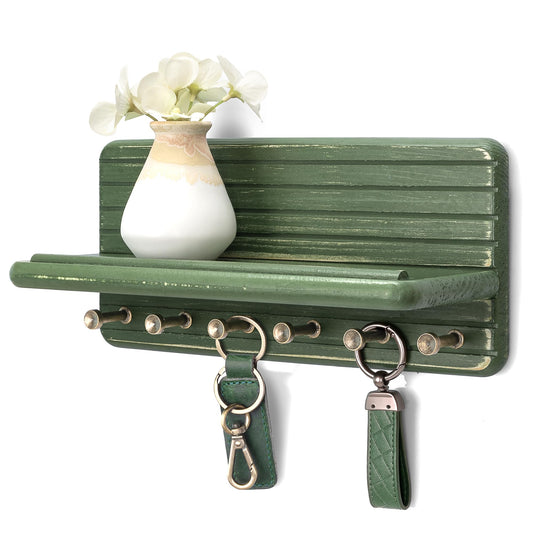 Rebee Vision Pine Wooden Key Holder Wall Mount for Home Decor – Decorative Key Holder for Wall with 6 Hooks & Floating Shelf – Rustic Organizer for Room Decor Aesthetic (Green)