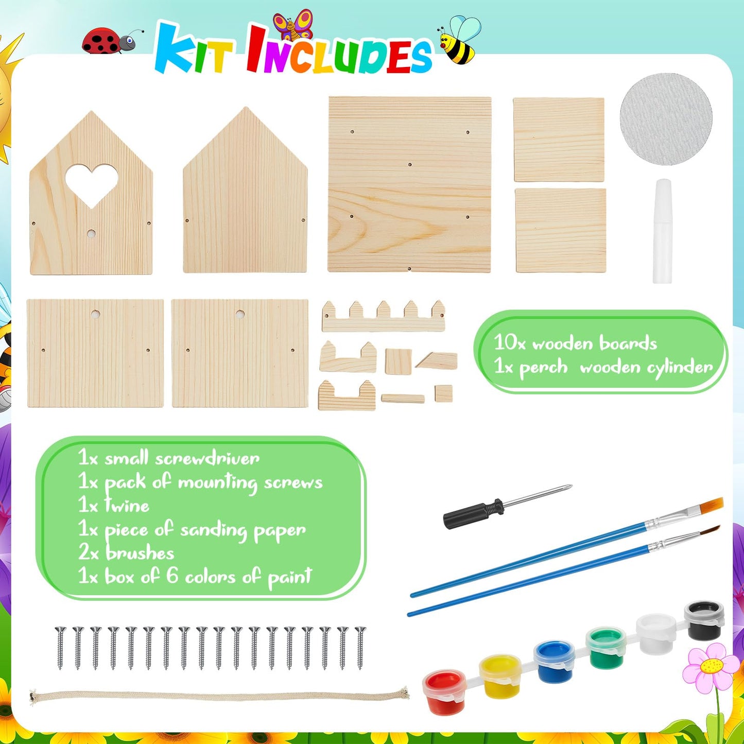 Juexica 4 Pack Wooden Birdhouse Kit DIY Buildable Bird House with Paint and Paintbrushes Art and Crafts Painting Kits for Boys Girls Adults Classroom Projects Gift Birthday Outdoor Craft(Heart)