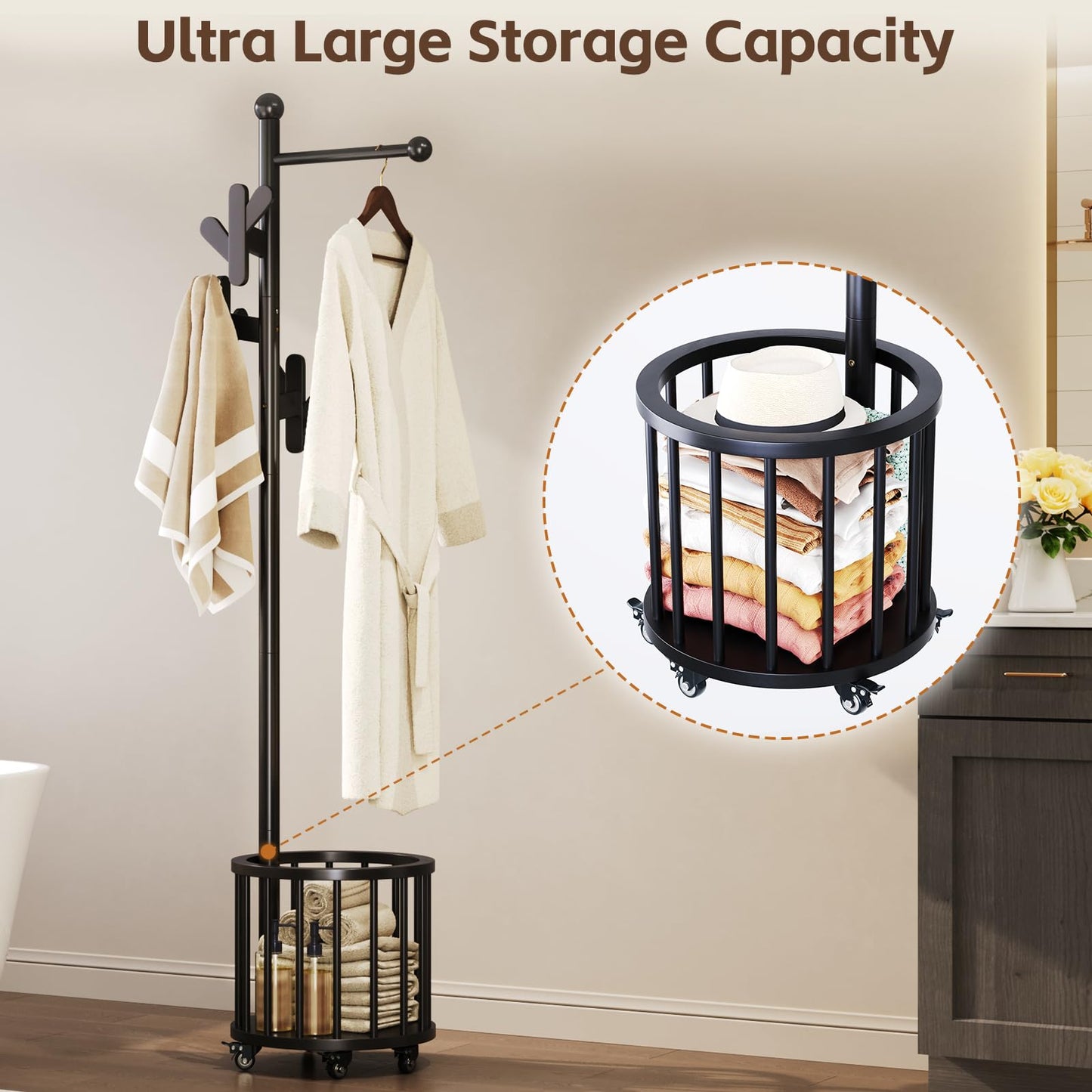 Uniclinens Freestanding Wooden Coat Rack with Umbrella Holder，Black Coat Rack with Hooks, Space-Saving Entryway Organizer for Hanging Clothes and Storing Towels, Bedroom, Living Room