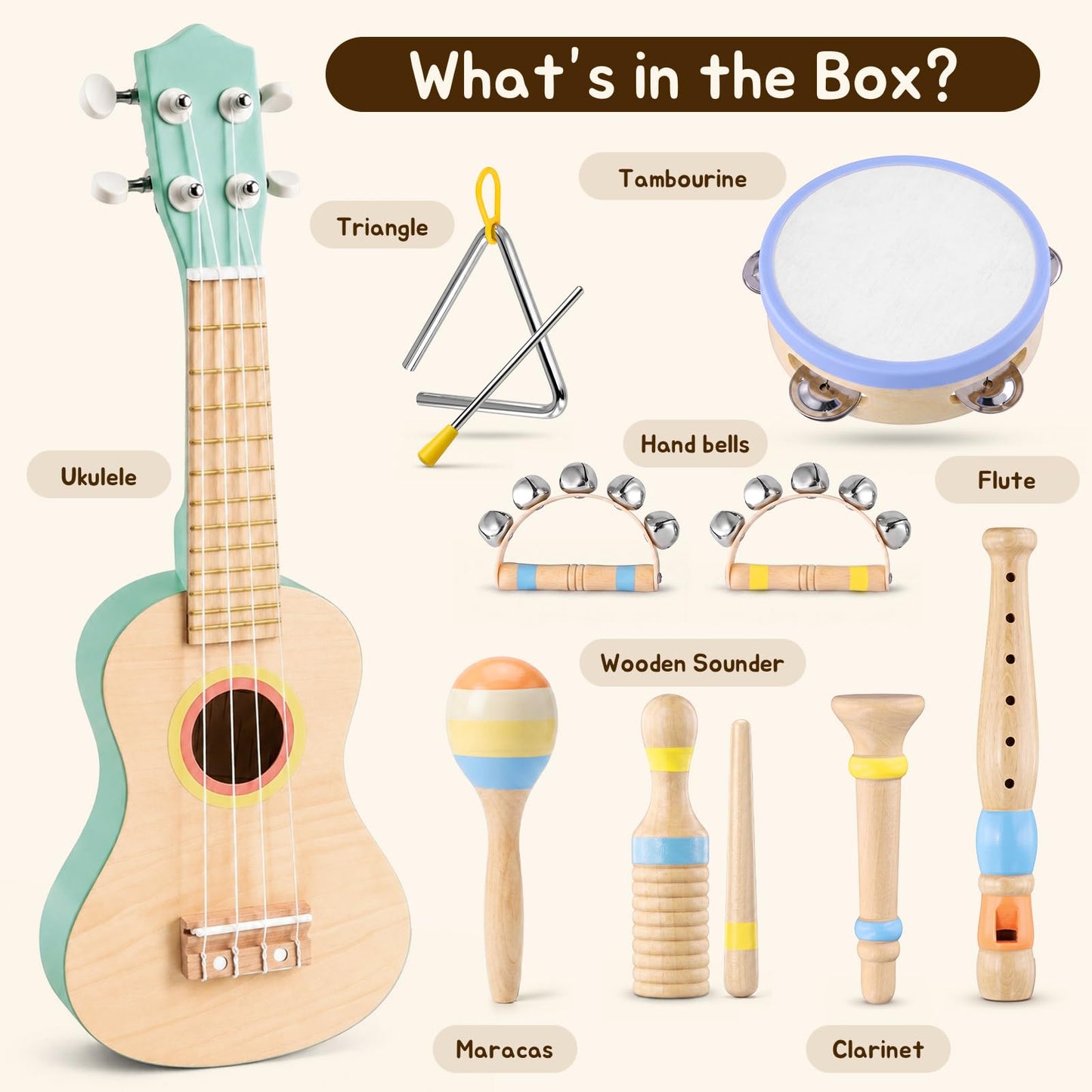 Kids Guitar Set for Toddlers 1-3, 8 in 1 Wooden Montessori Musical Instruments Set with Ukulele, Tambourine, Maracas, Flute, Educational Music Toys, Preschool Learning Toy Gift for Boys Girls
