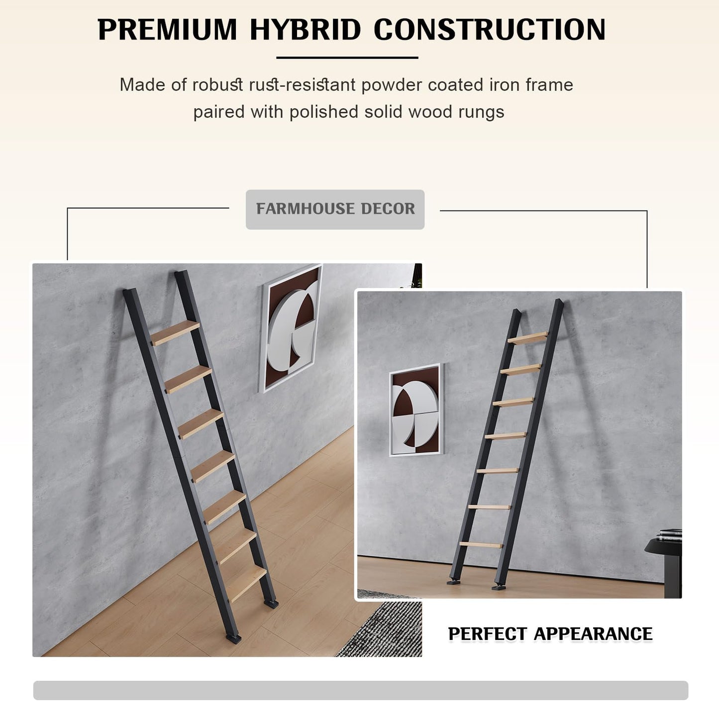 Fredbeck 10ft,120in Library Ladder Carbon Steel Frame Wooden Step,for Loft