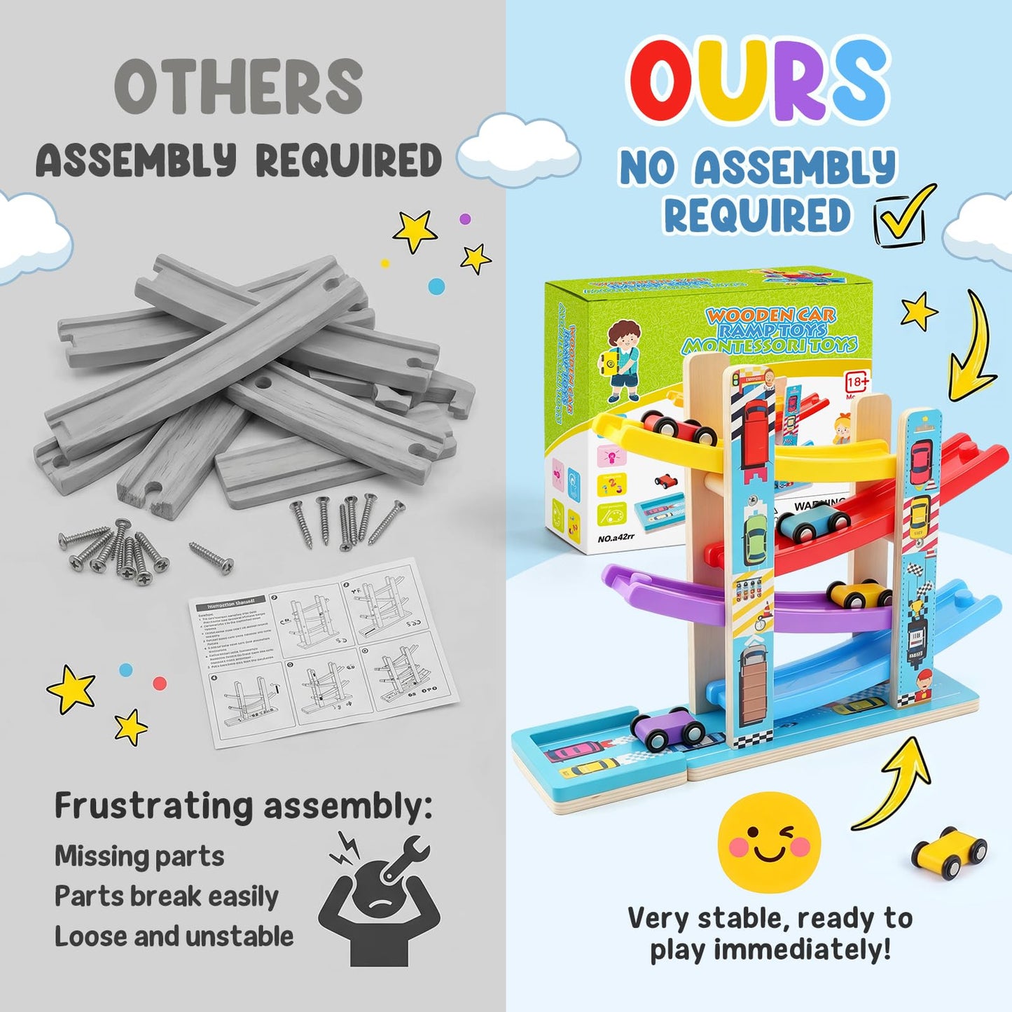 Heirio Montessori Toys for 1 2 3 Year Old Boy Girl - No Assembly Wooden Car Ramp Toy with 4 Race Cars & Parking Lot Garage, Perfect 18 Month 2nd 3rd Birthday Gifts for Toddlers Kids