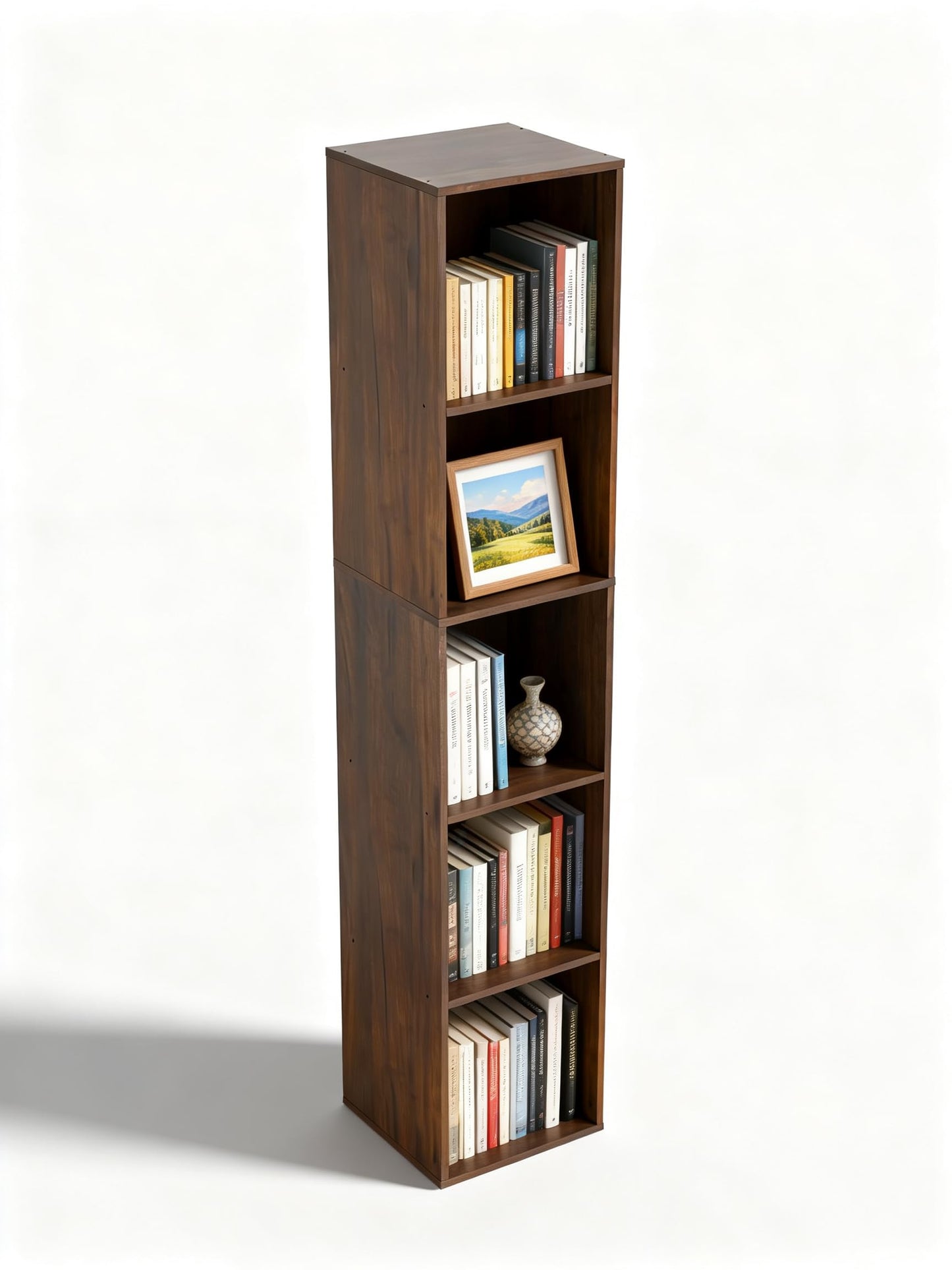 NewBeth 5 Cube Storage Organizer, Narrow Open Shelf Bookcase, Freestanding 5 Tier Low Display Bookshelf for Home Office, Living Room, Bedroom, Dark Brown & Black Walnut