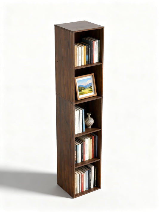 NewBeth 5 Cube Storage Organizer, Narrow Open Shelf Bookcase, Freestanding 5 Tier Low Display Bookshelf for Home Office, Living Room, Bedroom, Dark Brown & Black Walnut