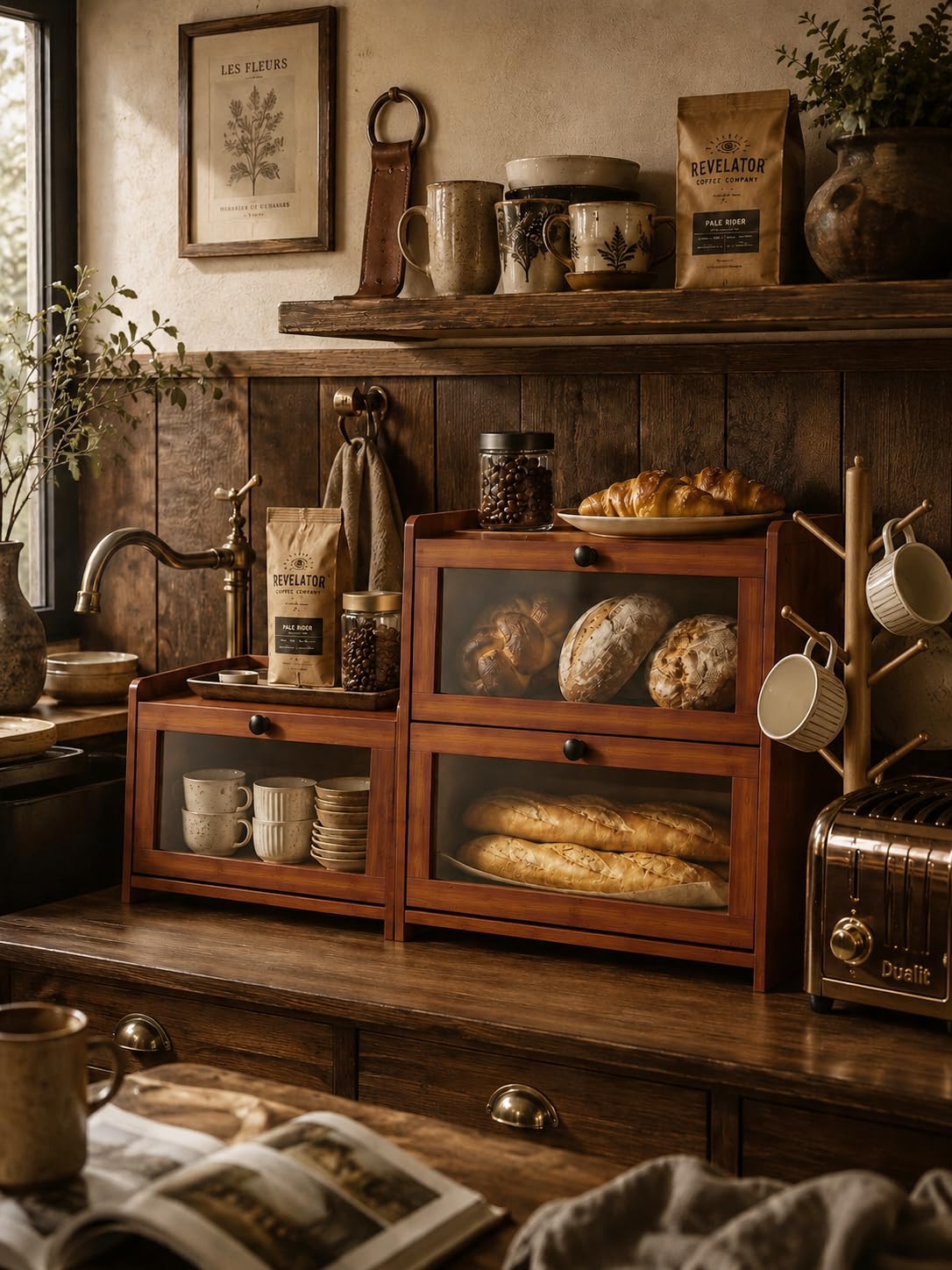 Plusinthebox Brown Bread Box for Kitchen Countertop, 2 Tier Large Capacity Wooden Bread Storage Container, Farmhouse Bread Keeper for Bread, Bagels, Pantry Organizer