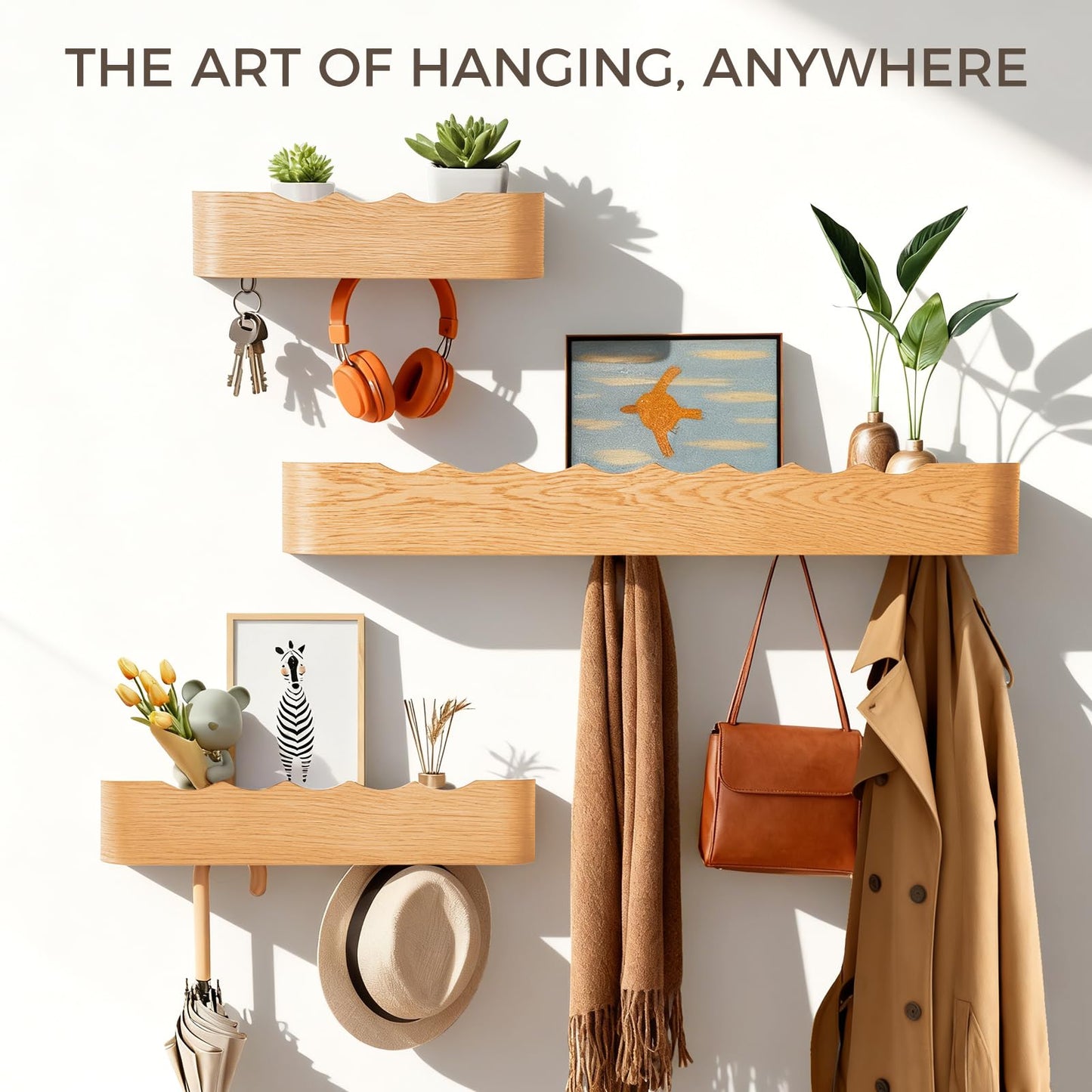 Coat Rack Wall Mount with Shelf Entryway Shelf Modern Key Holder Hanger Wall Shelves with Hidden Hooks for Hanging Towels Coats Hats Bags for Hallway Bathroom Bedroom(Wavy Oak, 5 Hooks)