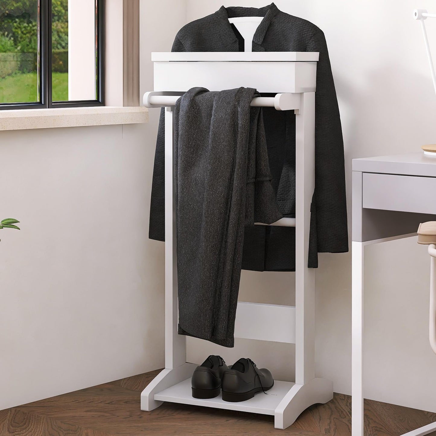 RELAHOGAR Clothes Valet Stand for Men, Wooden Mens Valet Stand with Tray Organizer, Shoe Shelf, Hanging Rod and Suit Rack, Freestanding Clothes Rack for Bedroom Entryway Office, White