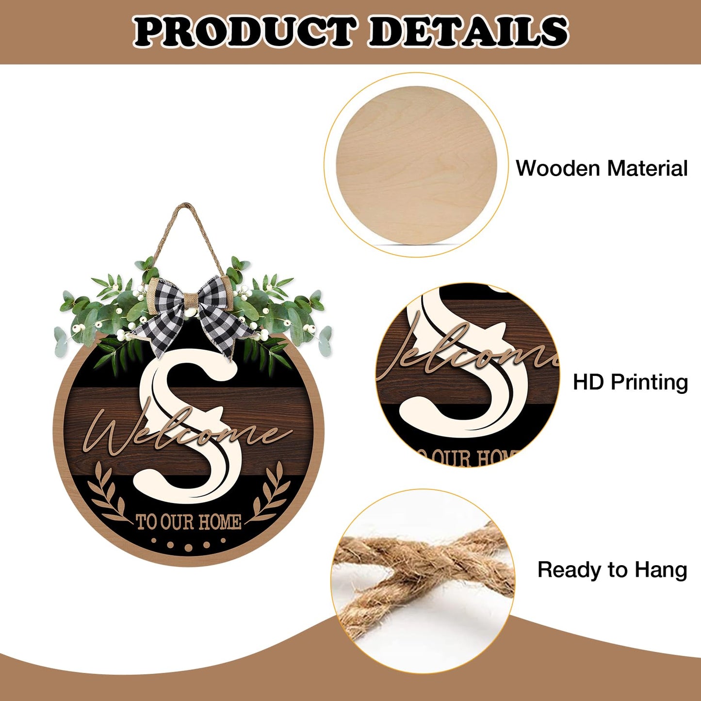 Bolisom Monogram Letter S Front Door Sign, Welcome to Our Home Family Last Name Initial Wooden Hanger Decor Housewarming Wedding Gifts, Farmhouse Rustic Wreath Indoor Wall Hanging Decoration with Bow