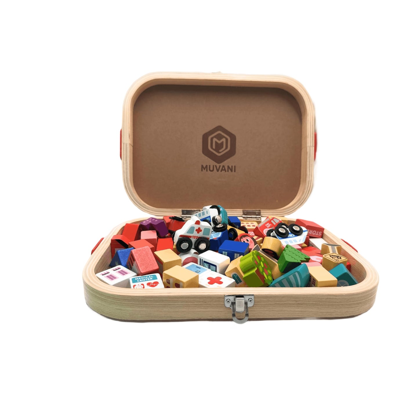 MUVANI Boxed City Wooden Blocks Set, Wooden City Building Blocks with Cars and Roads, Educational Pretend Play Toy for Kids