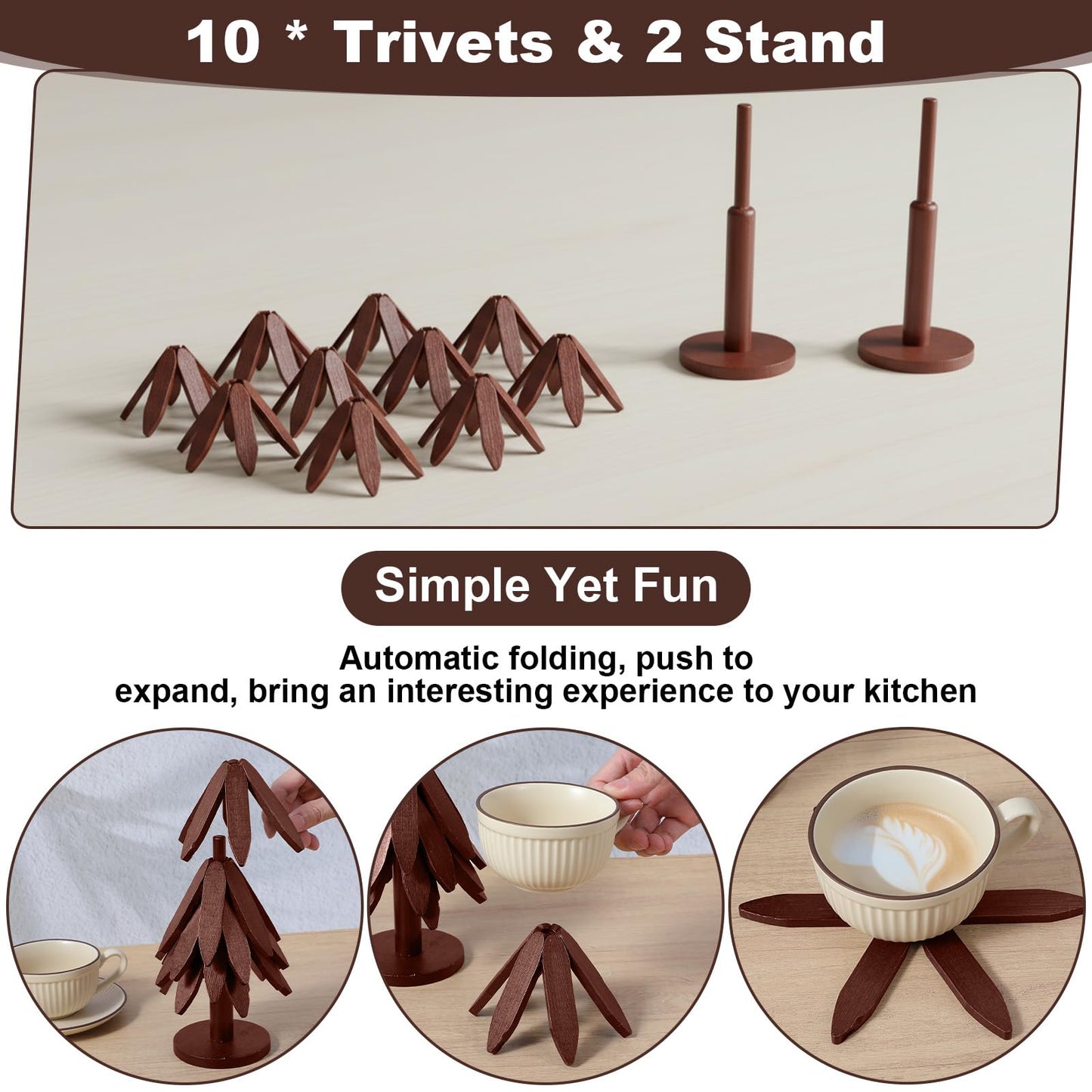 PercyEffie 10 Wooden Trivets for Hot Dishes 2 Set Christmas Tree Shape Trivet Set Natural Foldable 10 Wooden Tree Trivets + 2 Stand Stored Trees Coaster for Kitchen Table Hot Dishes Pot Bowl Teapot