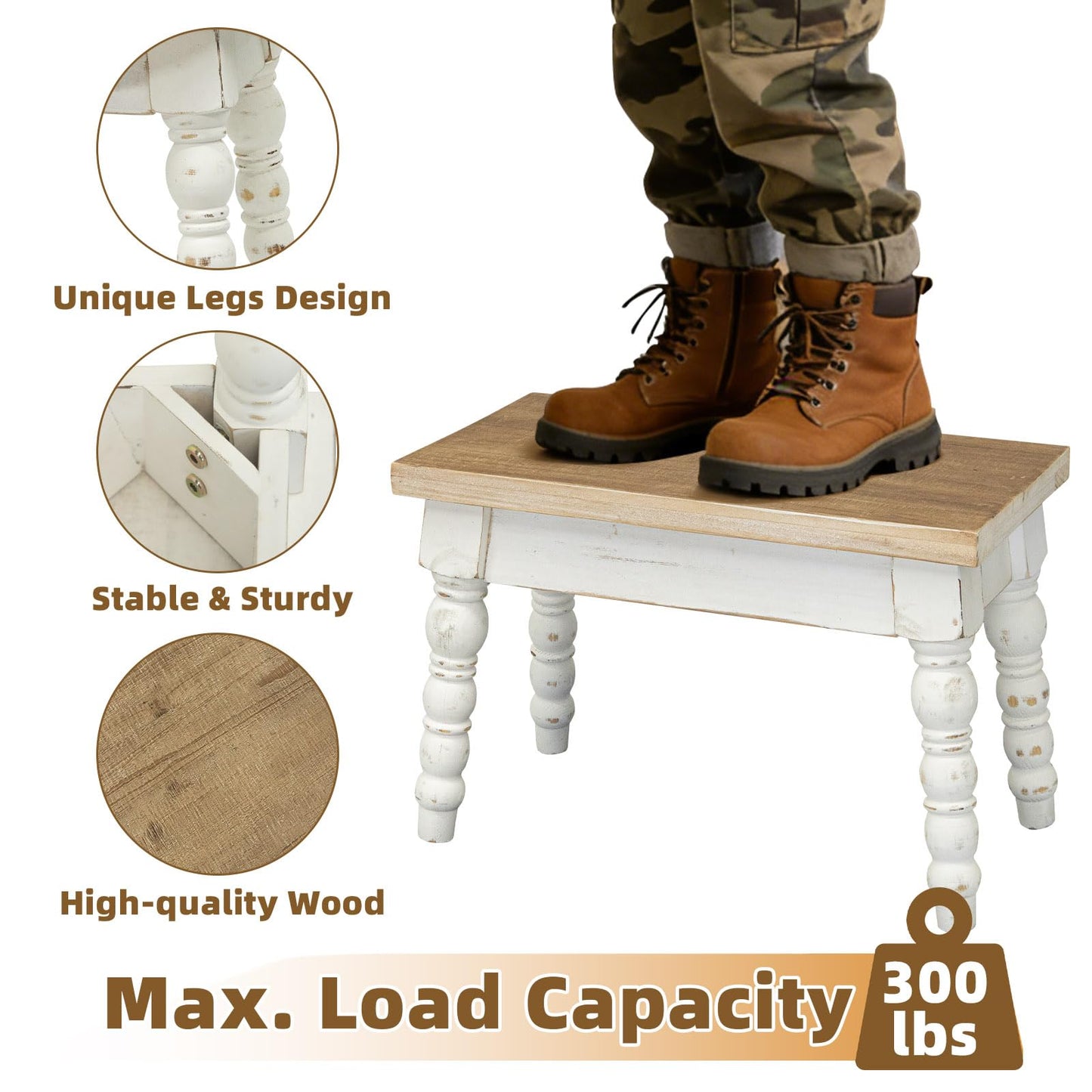 JUMBO DECOR Farmhouse Wooden Step Stool, Solid Wood Step Stool for Kids Adults, Plant Stand Indoor Decor, Portable and Sturdy Versatile Foot Stools for Bathroom, Bedroom, Office, Kitchen (Rectangle)