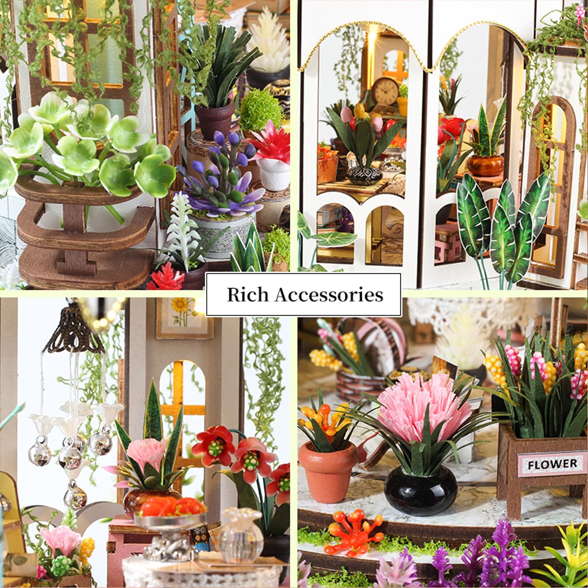 Hanging Garden Miniature House Kit, Wooden Dollhouse with LED & Furniture