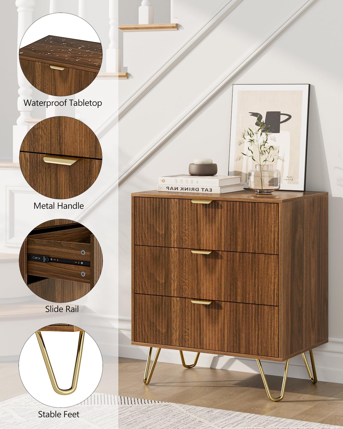 AEPOALUA Walnut Dresser for Bedroom, Modern Fluted 3 Drawer Dresser with Storage, Dresser Chest of Drawers with Gold Handles for Bedroom, Living Room, Closet, Hallway, 15.8" D x 23.6" W x 27.6" H