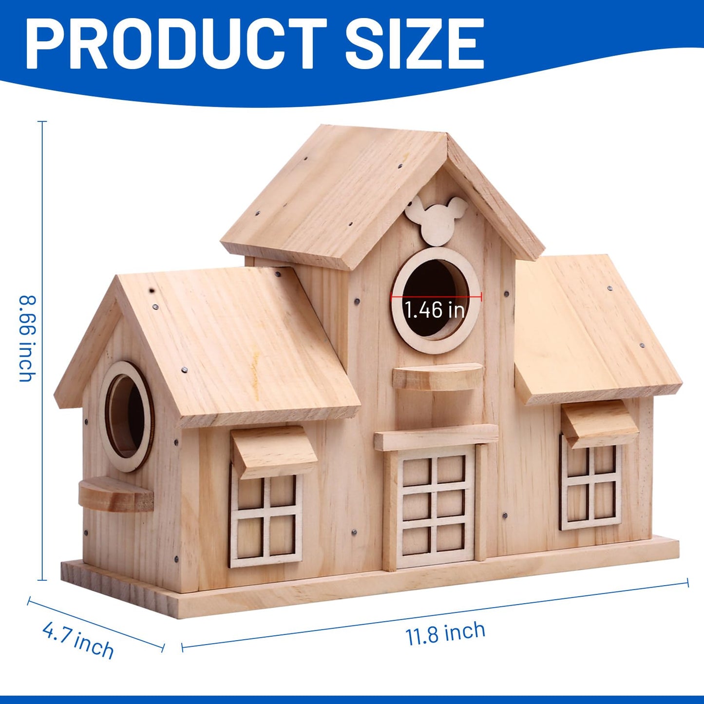 Wooden Birdhouse with Multiple Nesting Compartments, Hanging Bird House, 11.8 x 4.7 x 8.66 Inch