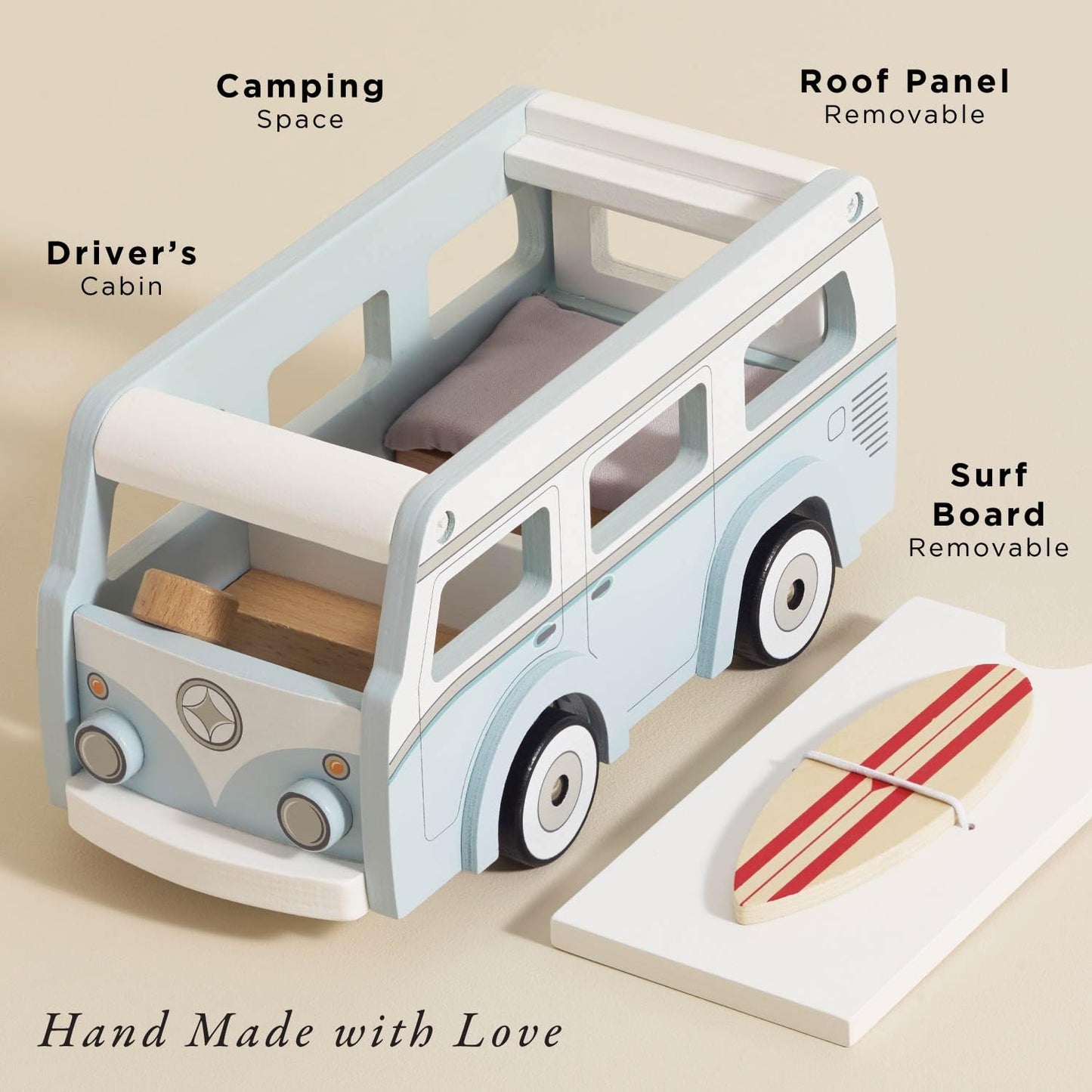 Le Toy Van - Wooden Holiday Campervan with Detachable Surfboard | Suitable for 3 Year Old +
