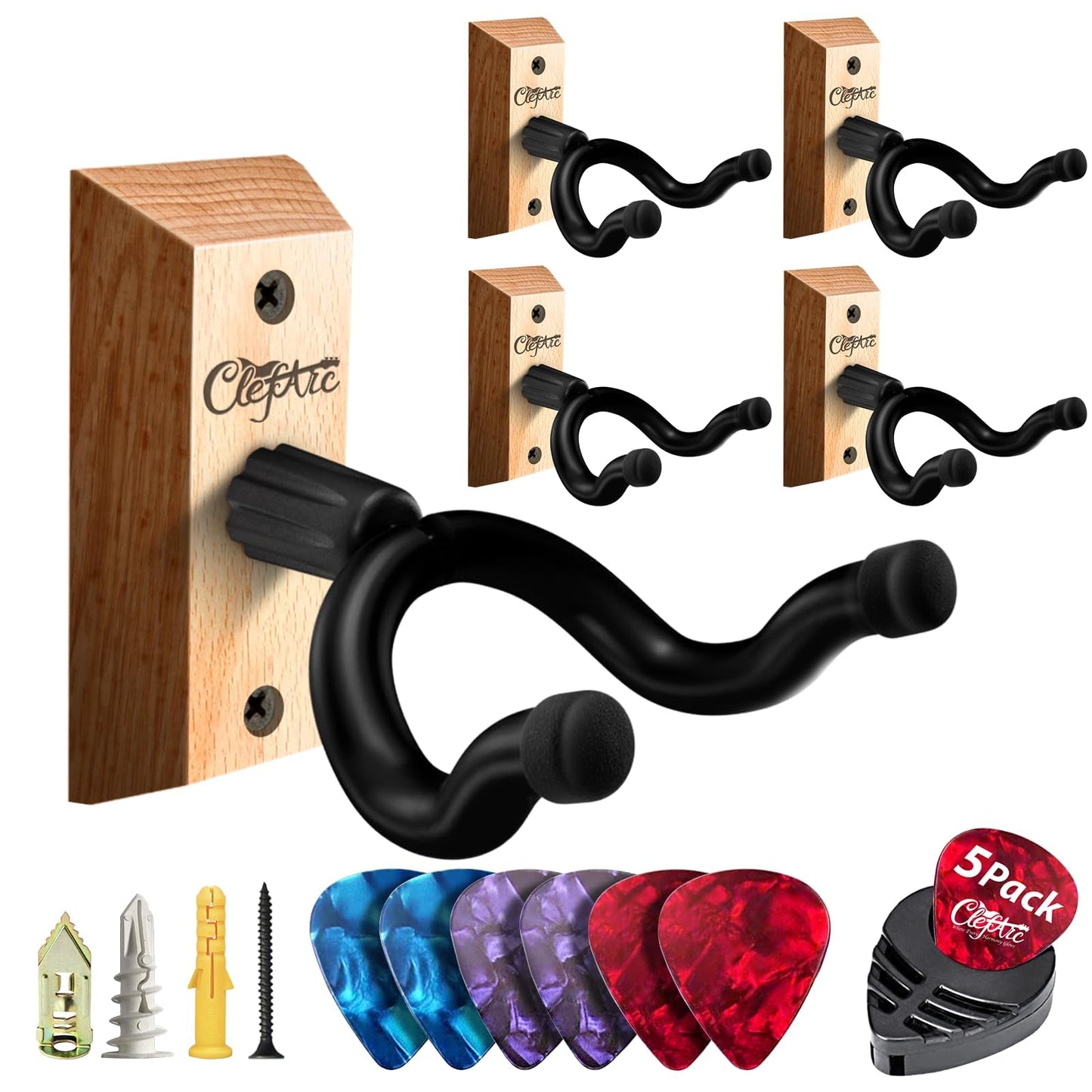 ClefArc Black Guitar Wall Mount 5 Pack, Picks and Pick Holders, Beechwood