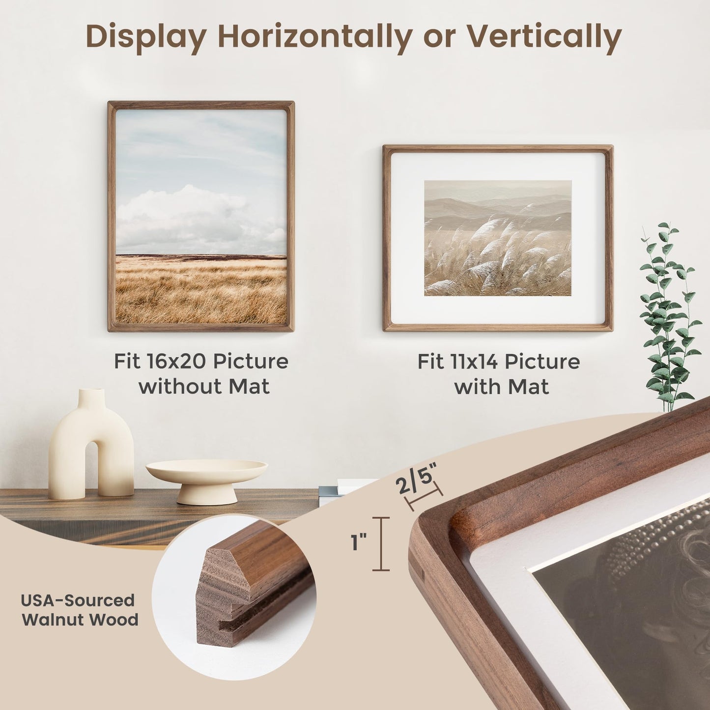 16 x 20 Picture Frame, USA-Sourced Walnut Wood Photo Frames with HD Tempered Glass, Handcrafted Rounded Corner 16x20 Wooden Frames Matted to 11x14 Photos, Horizontal or Vertical Wall Display