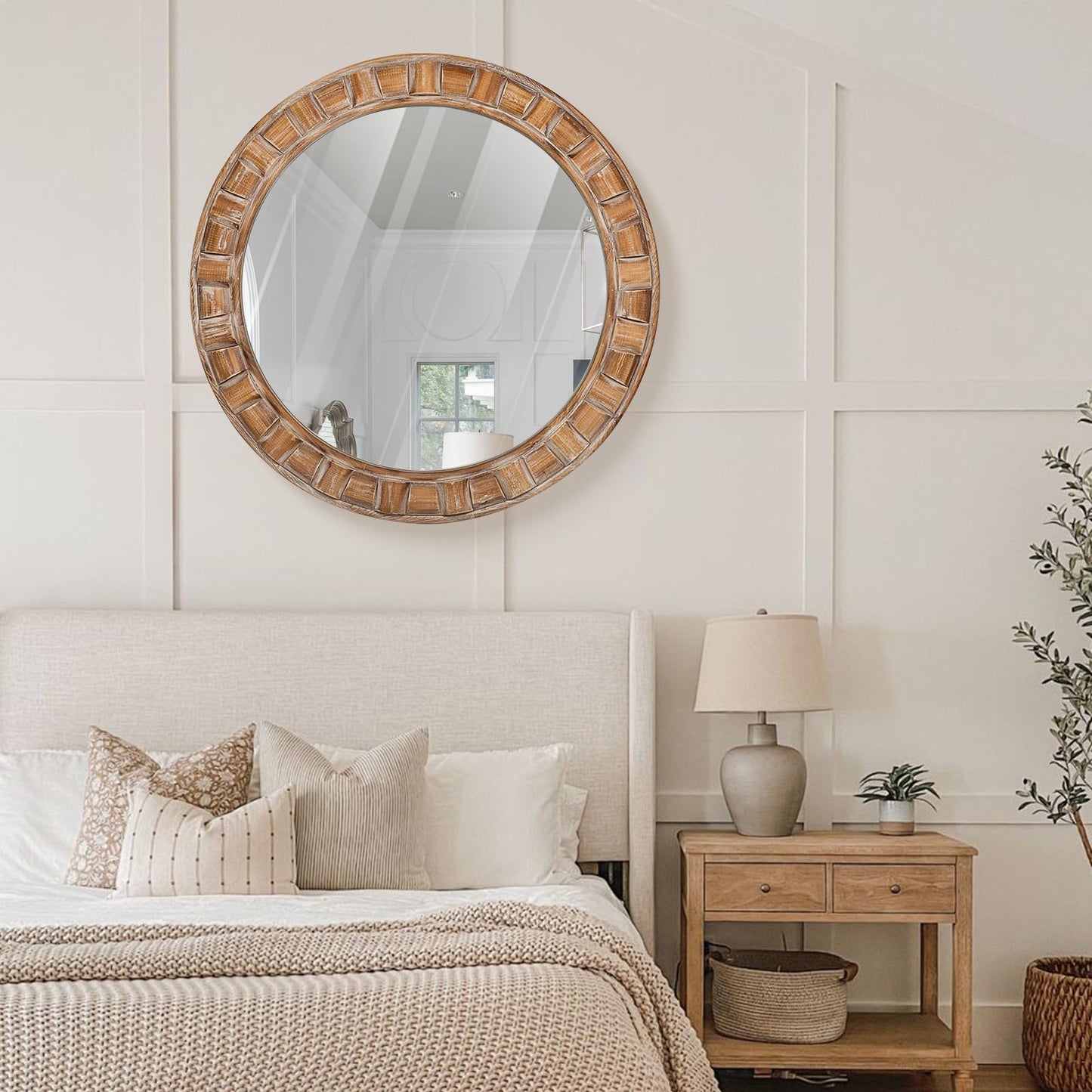 XGGJWW 30 Inch Brown Solid Wood Round Wall Mirrors, Decorative Circle Mirror for Bathroom, Bedroom, Living Room, Hallway, Foyer, Entryway
