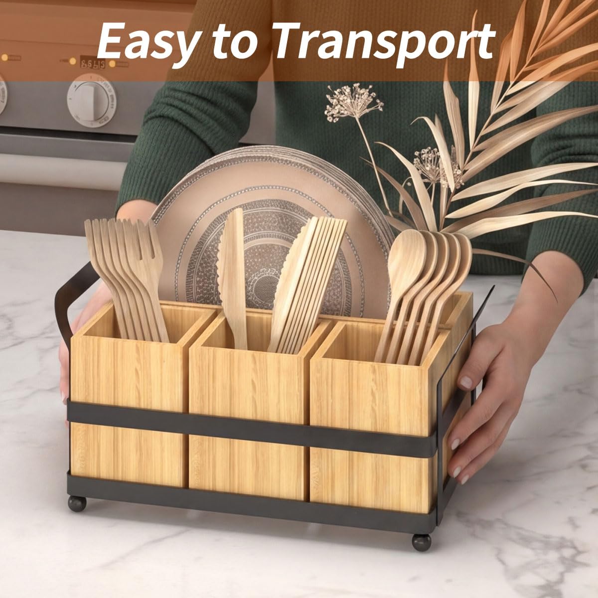 BTWDAEX Silverware Caddy Wood Utensil Organizer Holder For Spoons Forks Plates Napkins Silverware Utensil Caddy Cutlery Flatware Box for Paper Plate Dispenser