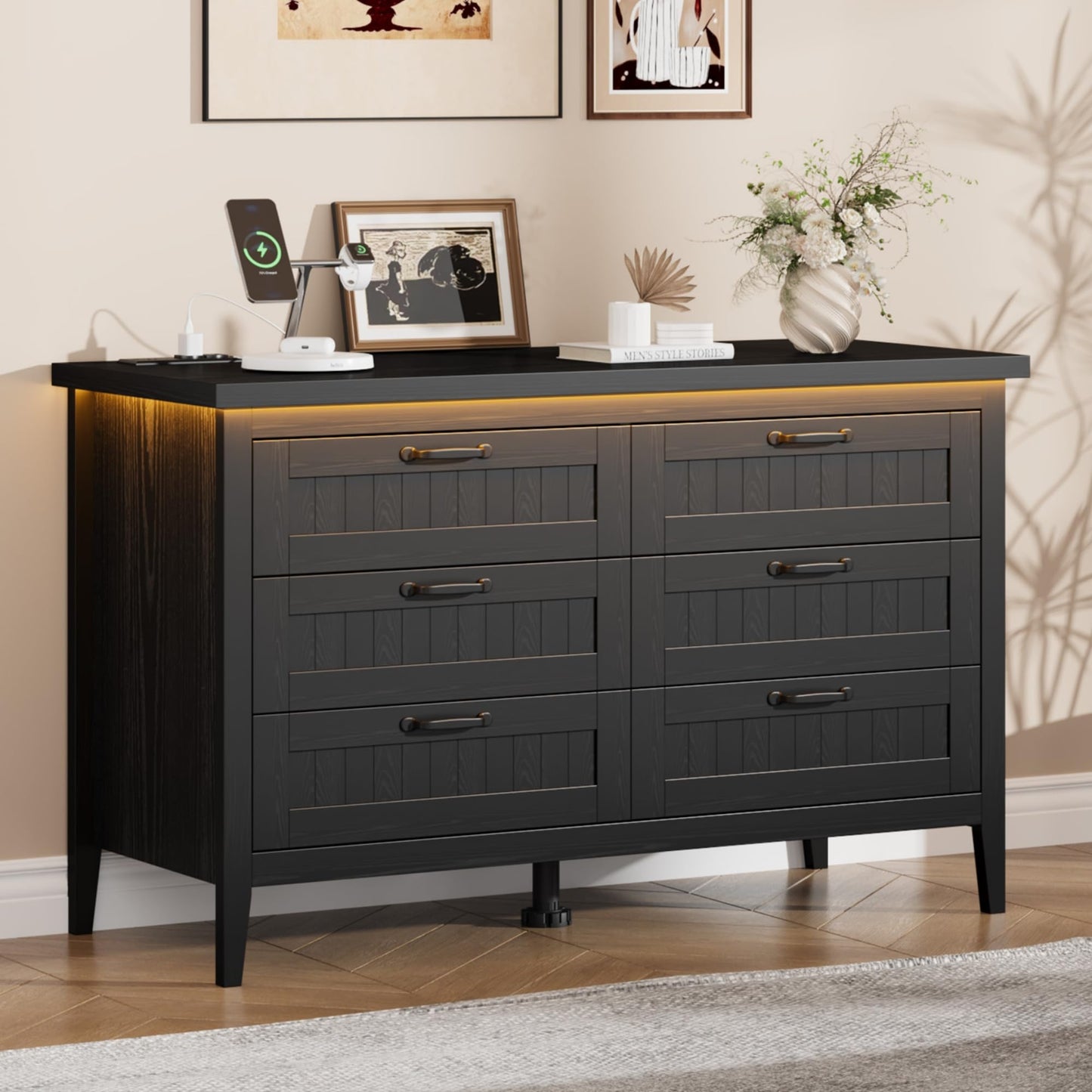 IDEALHOUSE 6 Drawer Dresser with Charging Station & LED Lights