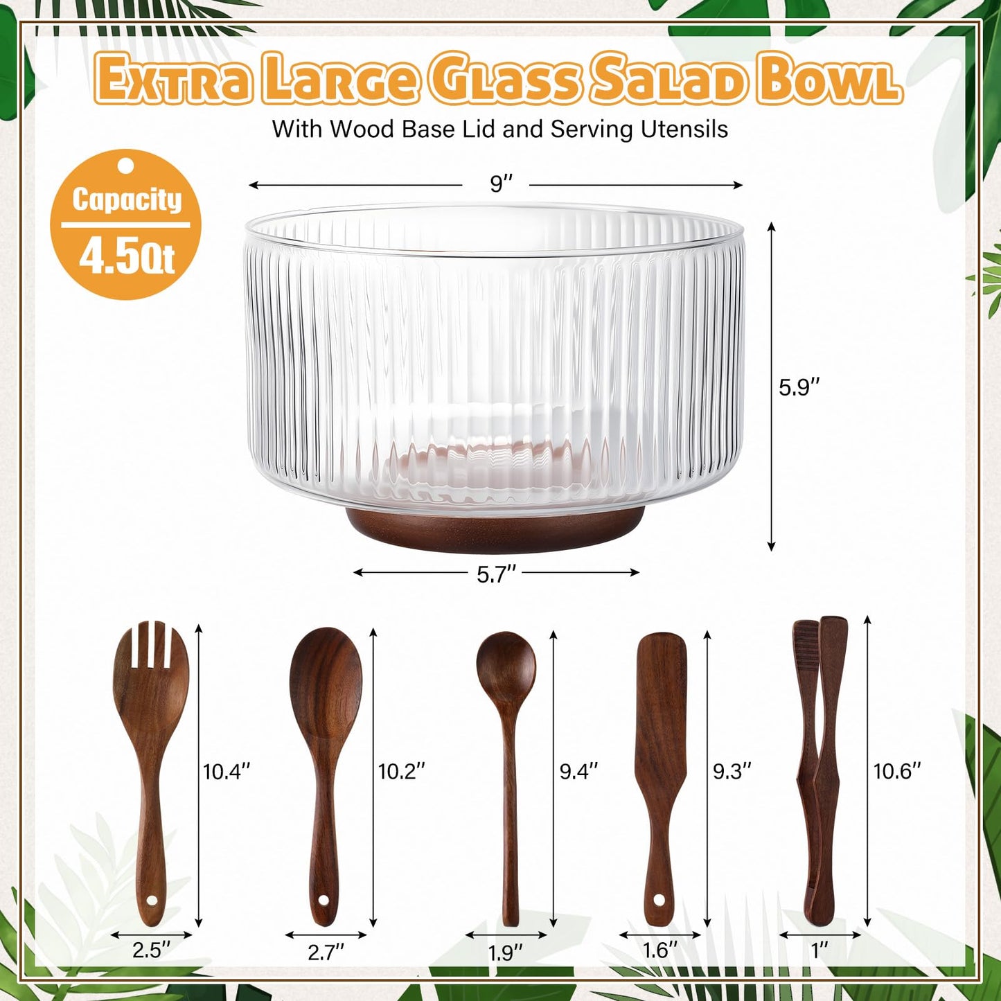 Singhoow Large Ribbed Glass Salad Bowl Set, Party Salad Bowl with Wood Base and Lid as Cheese Charcuterie Board and Plate, Comes with 5 Pieces of Elegant Wood Serving Utensils(9" X 5.9")