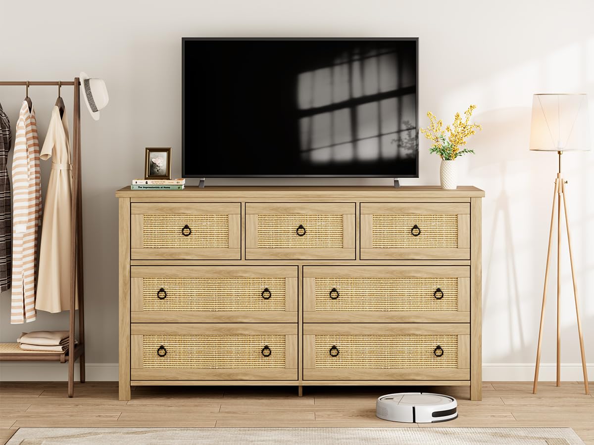 Garvee 7 Drawer Dresser, 54" Wide Rattan Chest, Natural Oak Finish