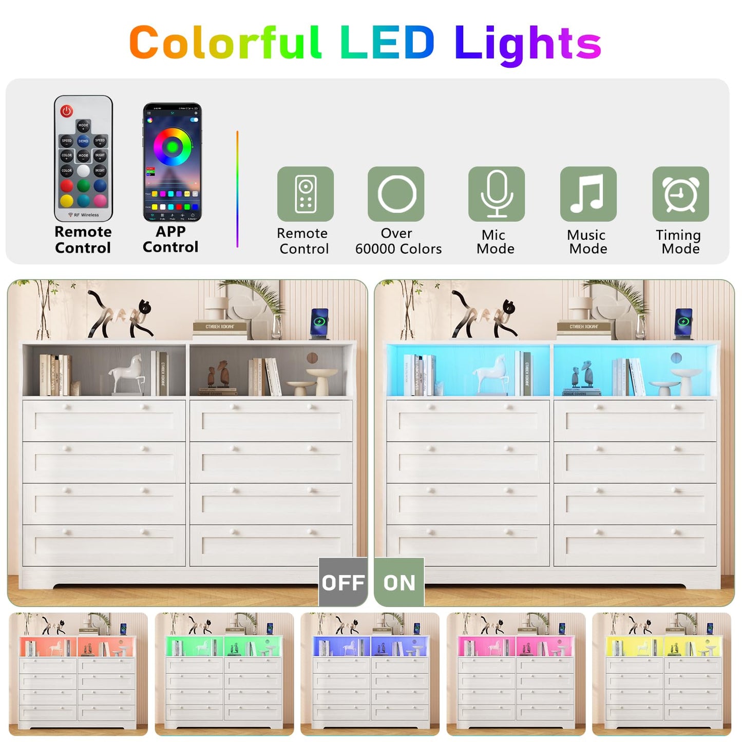 GAOMON 8 Drawer Wooden Dressers for Bedroom with Power Outlet and LED Lights, White Wood Chest of Drawers with Deep Drawer, Modern Wide TV Stand Dresser for 55" TV for Bedroom, Living Room, Hallway