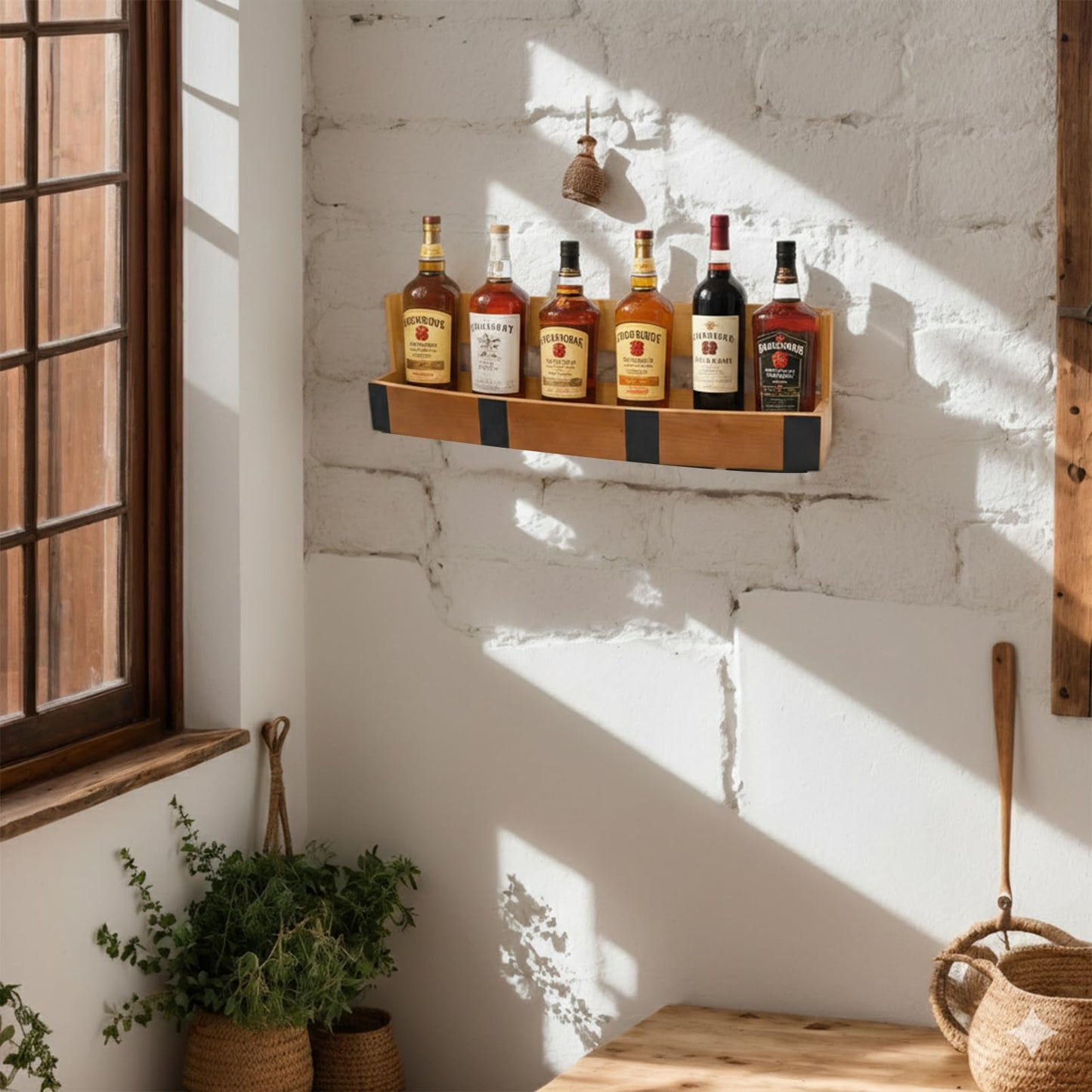 FUIN Wooden Wine Rack Wall Mounted, Wine Bottle Rack & Wine Holder Shelf, Solid Wood Wine Shelf for Kitchen, Dining Room & Home Bar, Space Saving Liquor Bottle Display