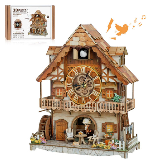 Rnfinewow 3D Puzzles for Adults-Cuckoo Clock, Swiss Country Cottage Clock Kit (with Pendulum), Wooden Puzzles for Adults Home Decor DIY Watch Making Model Kit Christmas Day Puzzle Gifts for Men Women