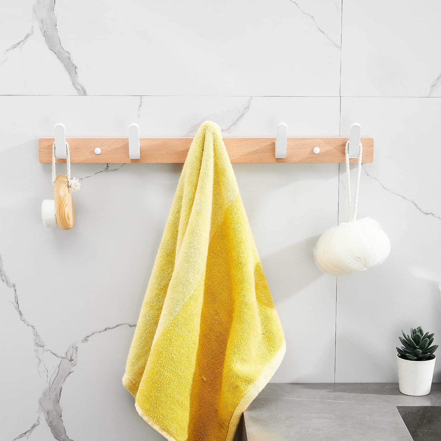 SARIHOSY] Wall Mounted Coat Rack,Multi Hook Hangers,Entryway Hanging Coat Rack,Metal Wood Coat Rail with 5 Hooks,Beech Wood,Zinc Alloy,Bedroom,Bathroom,Foyer,Living Room,Metal Household Items