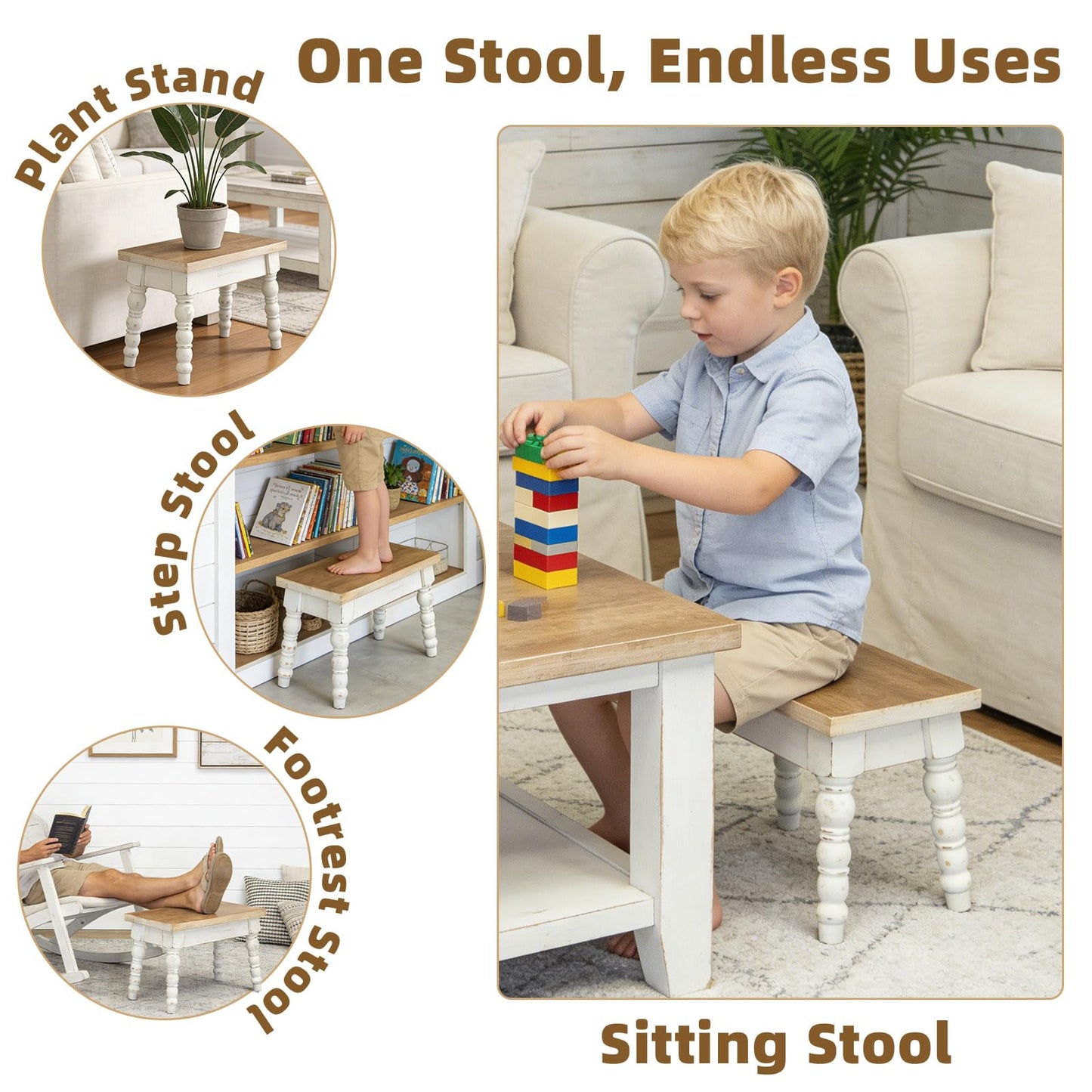 JUMBO DECOR Farmhouse Wooden Step Stool, Solid Wood Step Stool for Kids Adults, Plant Stand Indoor Decor, Portable and Sturdy Versatile Foot Stools for Bathroom, Bedroom, Office, Kitchen (Rectangle)